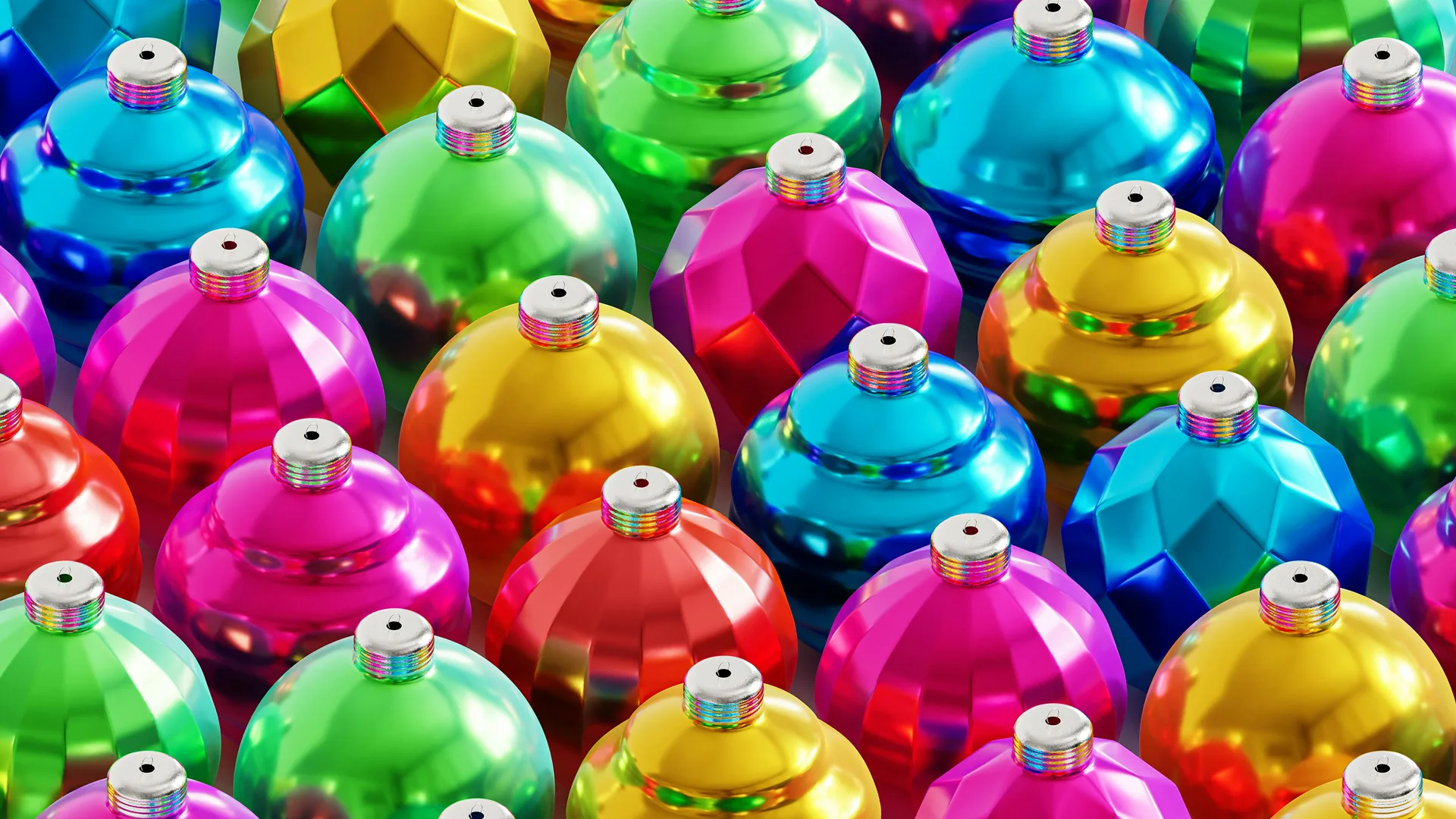 A photo of some Christmas baubles lined up in neat rows in colours of yellow, pink, red, blue and green.