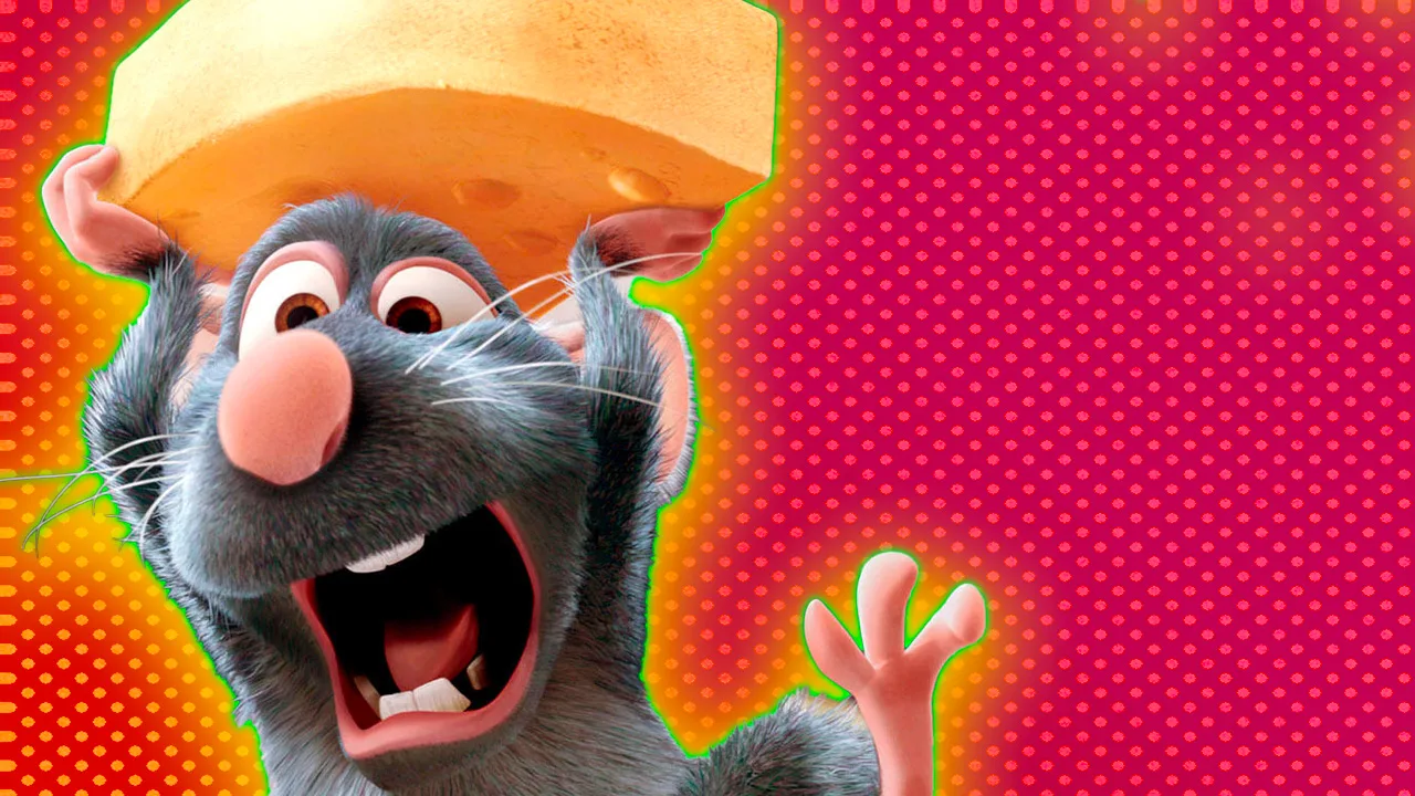 Remy the rat from Disney's Ratatouille mid-air screaming holding cheese set against a red dotted background with a green and yellow halo.