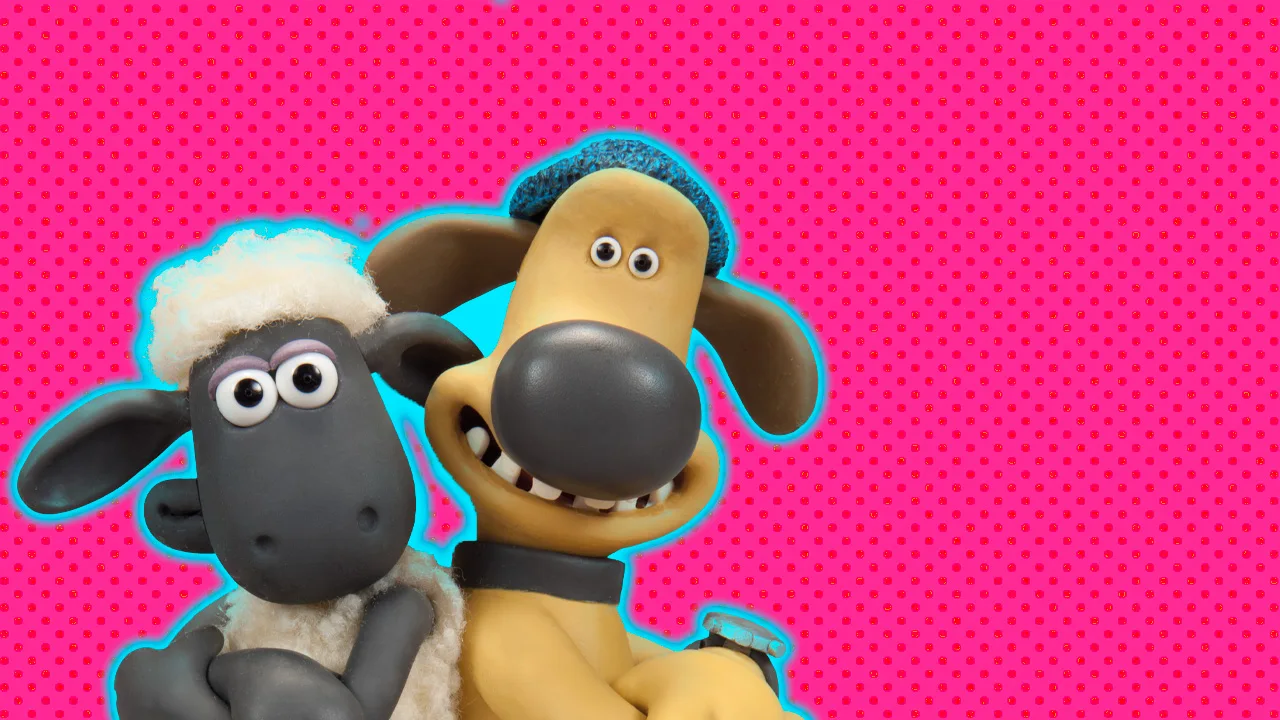 Shaun the Sheep and Bitzen stood back to back with arms folded smiling directly at the viewer with a pink dotted background and blue halo around them.