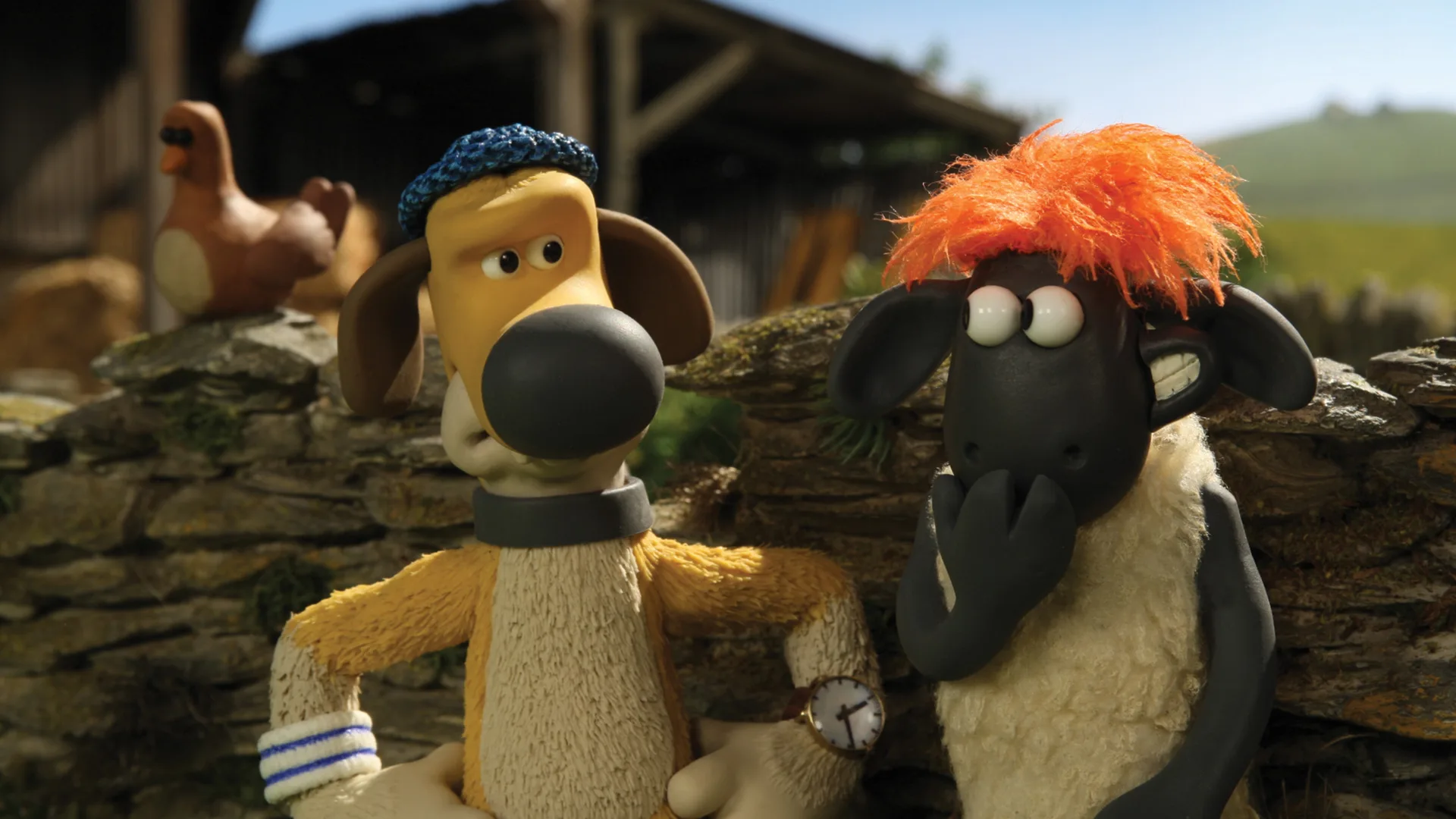 A still from Shaun the Sheep showing Shaun wearing an orange wig with his hand up to his mouth stood next to Bitzen who looks very disapproving of him. Behind is a barn, brick wall with a chicken on top and blue sky above.
