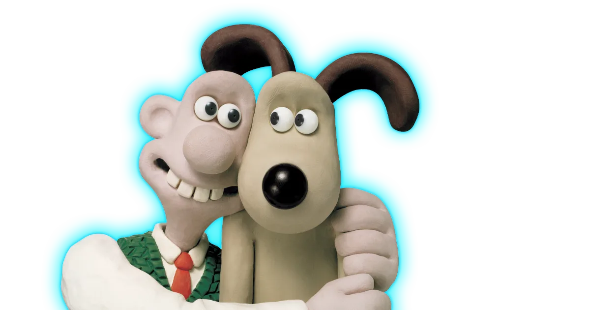 A still from Wallace and Gromit showing Wallace hugging Gromit close whilst smiling at him - Gromit looks mildly uncomfortable. They have a blue halo around them.