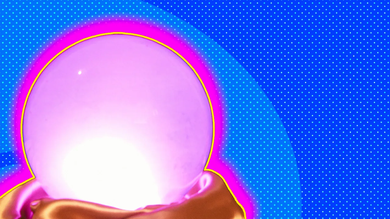 An image of a pink glowing crystal ball sat on gold silk surrounded by a blue dotted background.