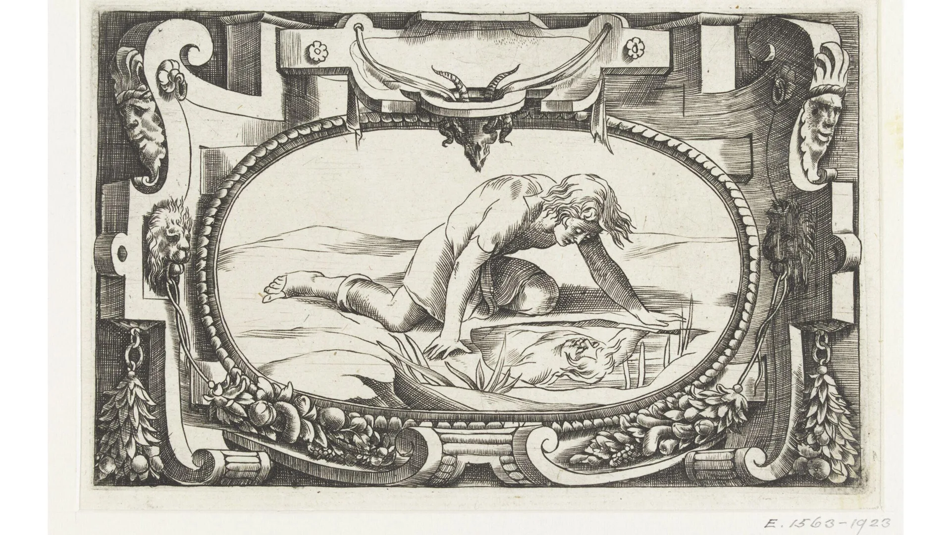 A cartouche containing a representation of Narcissus within an oval frame showing him leaning over water staring at himself.
