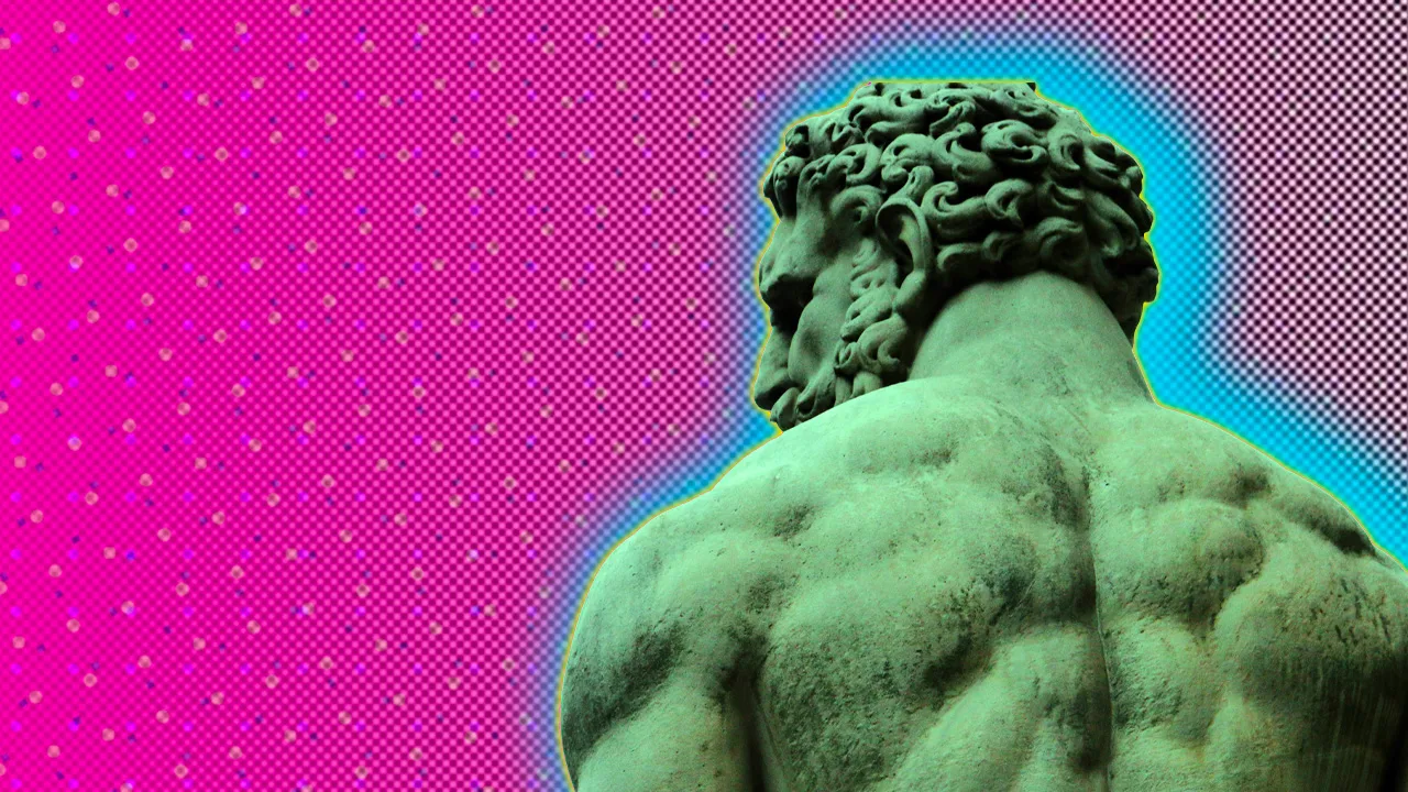A photo of a statue of the Greek god Zeus with his back to viewer looking to the side. He is set against a pink dotted background with a blue halo.