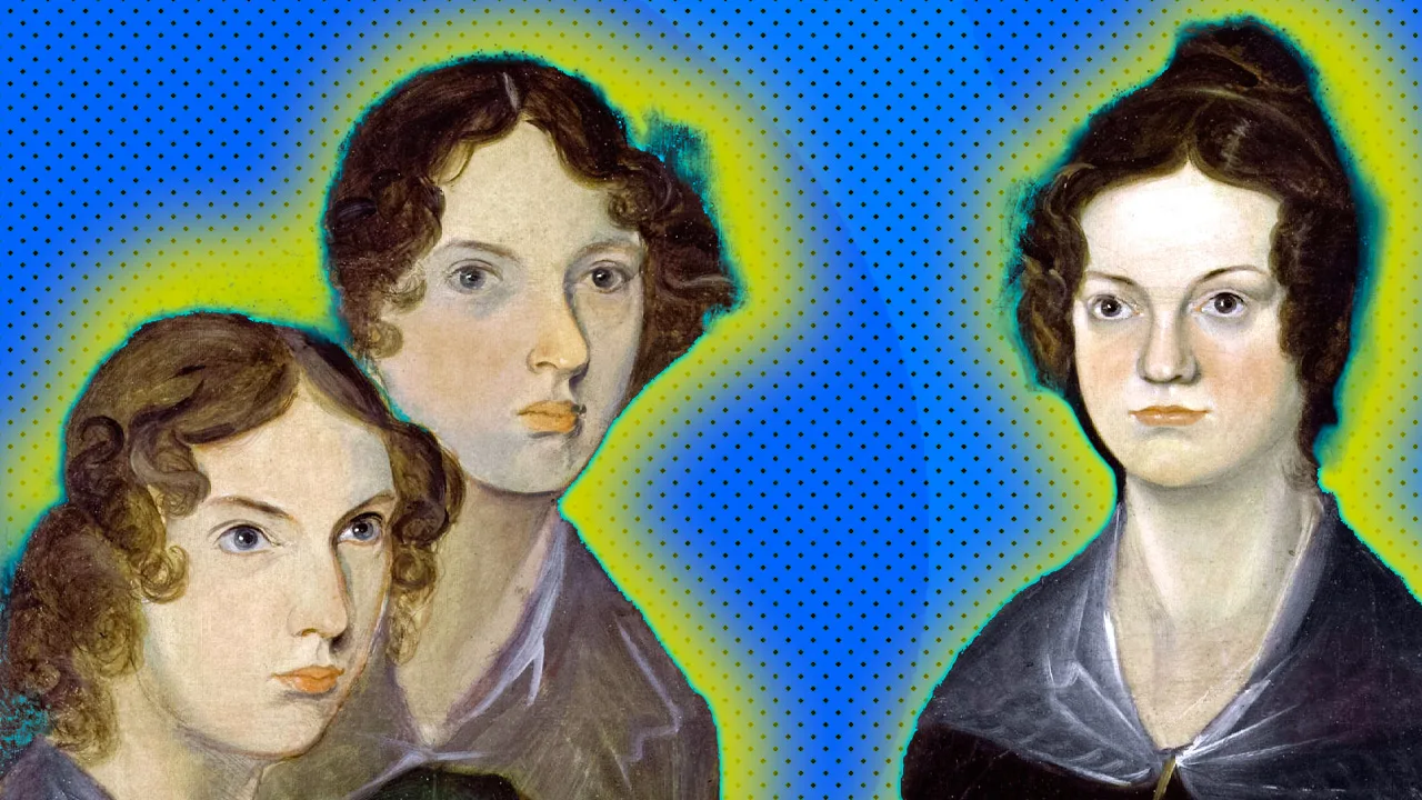 A cut out of the Bronte sisters from a painting showing the three sisters sat together with a blue dotted background and yellow halo around them.