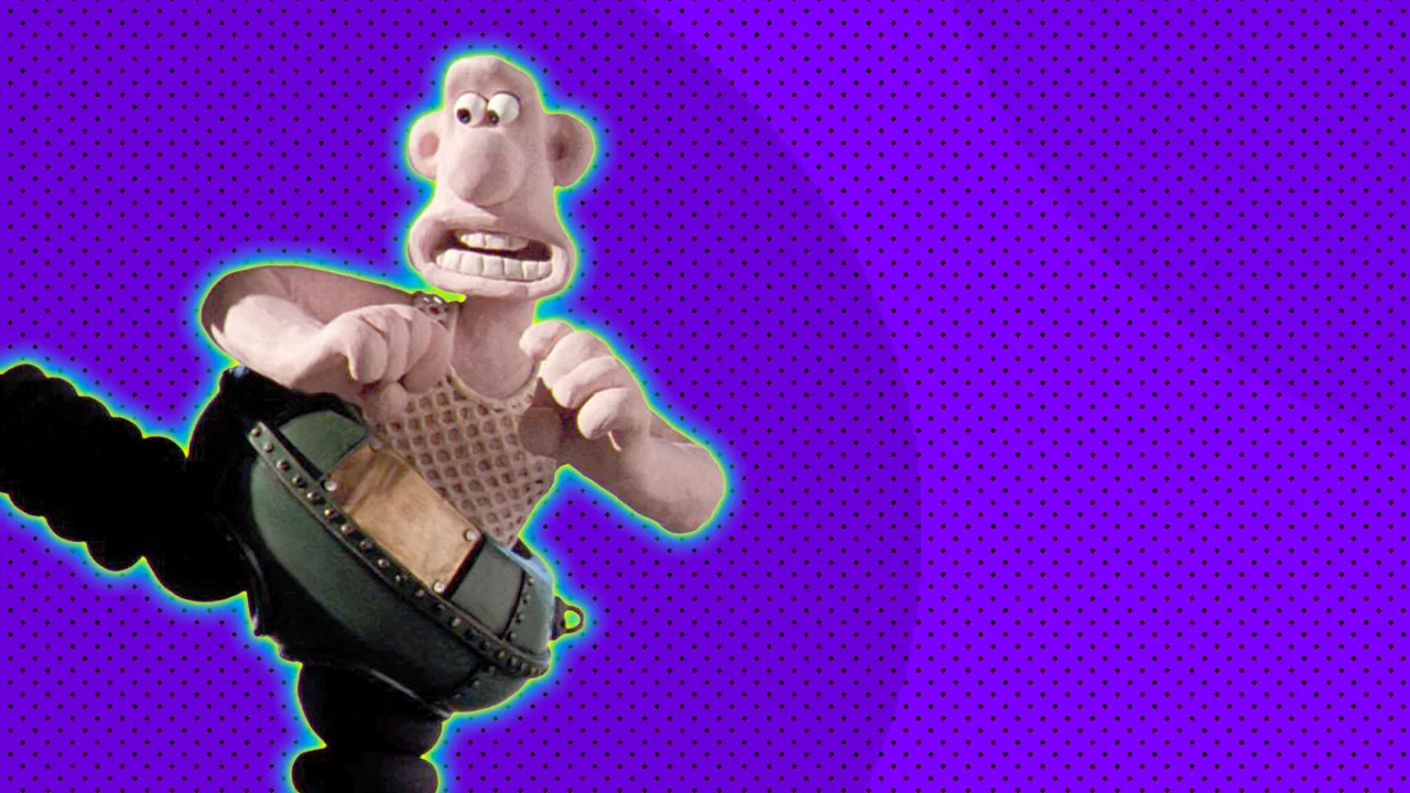 An image of Wallace from Wallace and Gromit in his high tech trousers that are malfunctioning and kicking out to his right. Wallace has an anxious expression on his face and is wearing a stringvest. He is set against a purple dotted background with a blue halo.