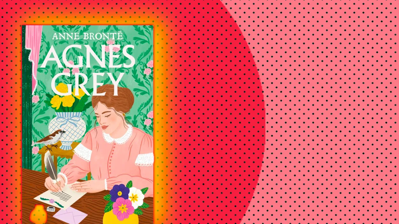 A book cover of Anne Bront&euml;'s Agnes Grey showing a woman sat writing at a table wearing a pink dress with a bird next to her and flowers on the table. Behind her is green floral wallpaper and bordered with a pink dotted background.