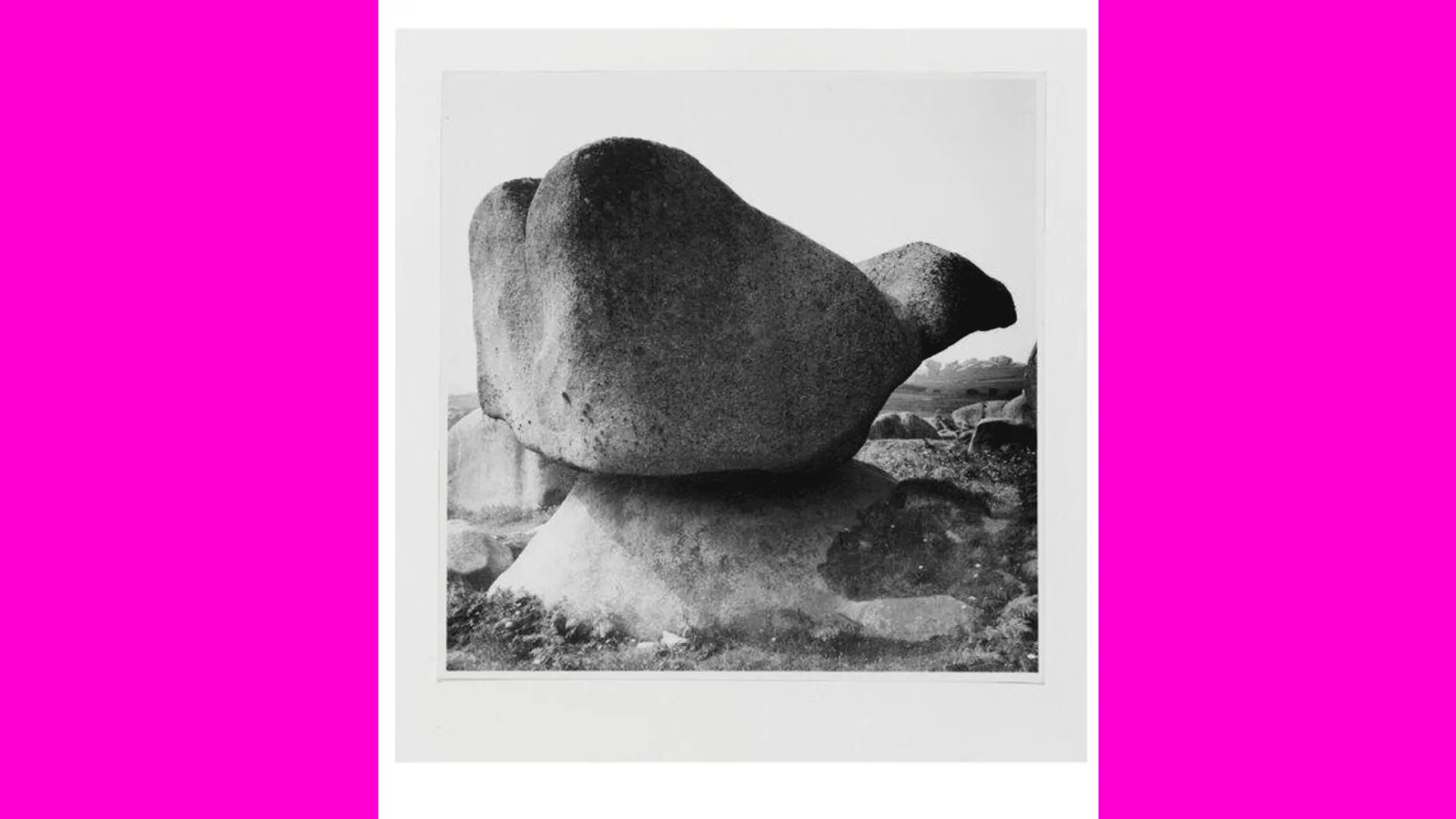 This photograph is an example of the interest Surrealist artists took in nature. Eileen Agar incorporated natural objects in her work, a trend also seen in other Surrealist's work in this period. In this photograph, the shape of a rock is interpreted through humour.