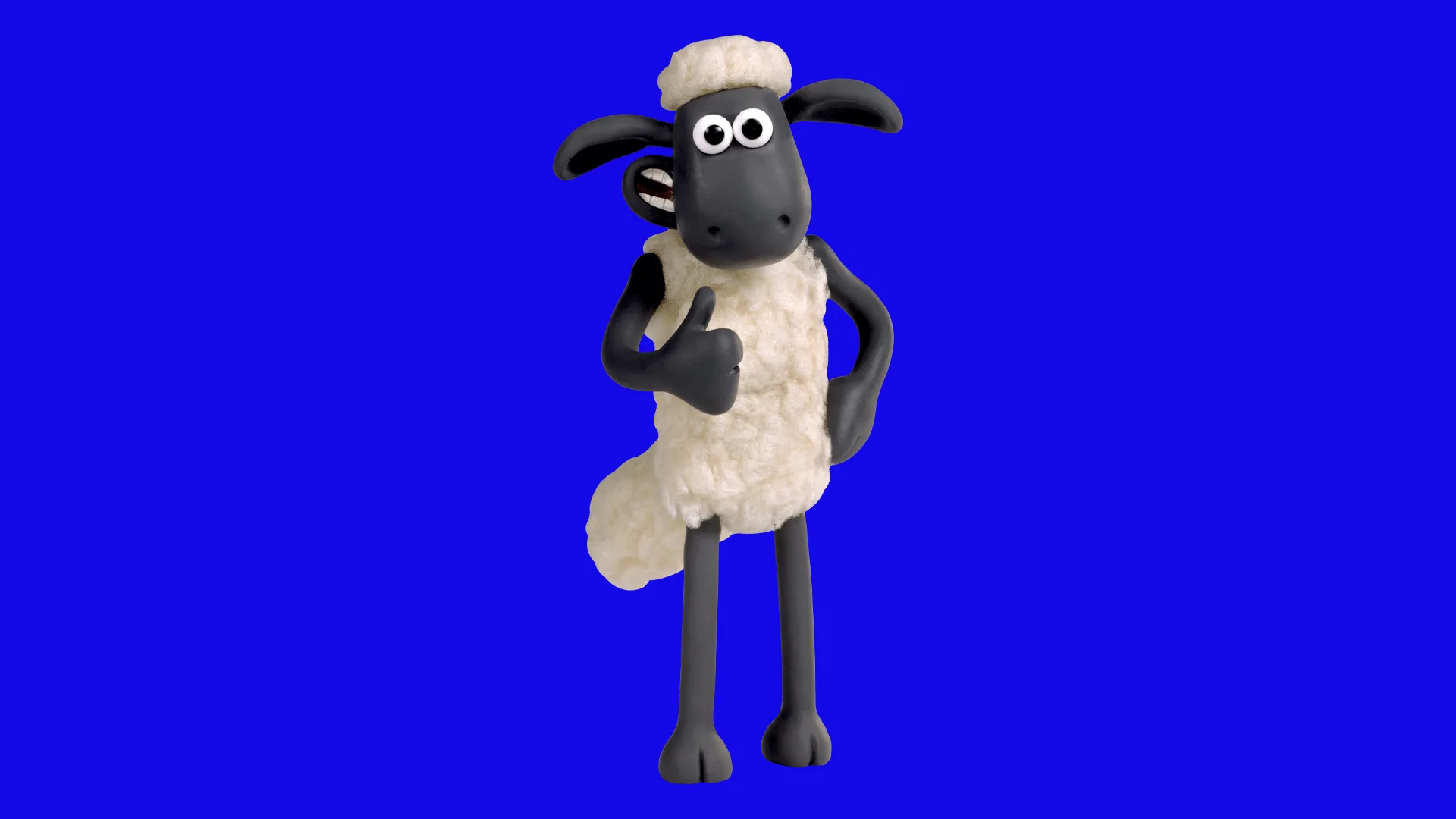 A cut out of Shaun the Sheep stood on his hindlegs giving a thumbs up and side smile. He is stood against a blue background.