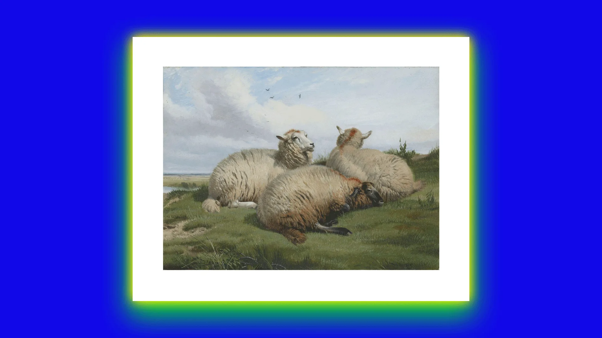 A painting of three sheep lying on grass in various positions set against a blue cloudy sky with a white mount around the painting and a blue background with a green and yellow halo.