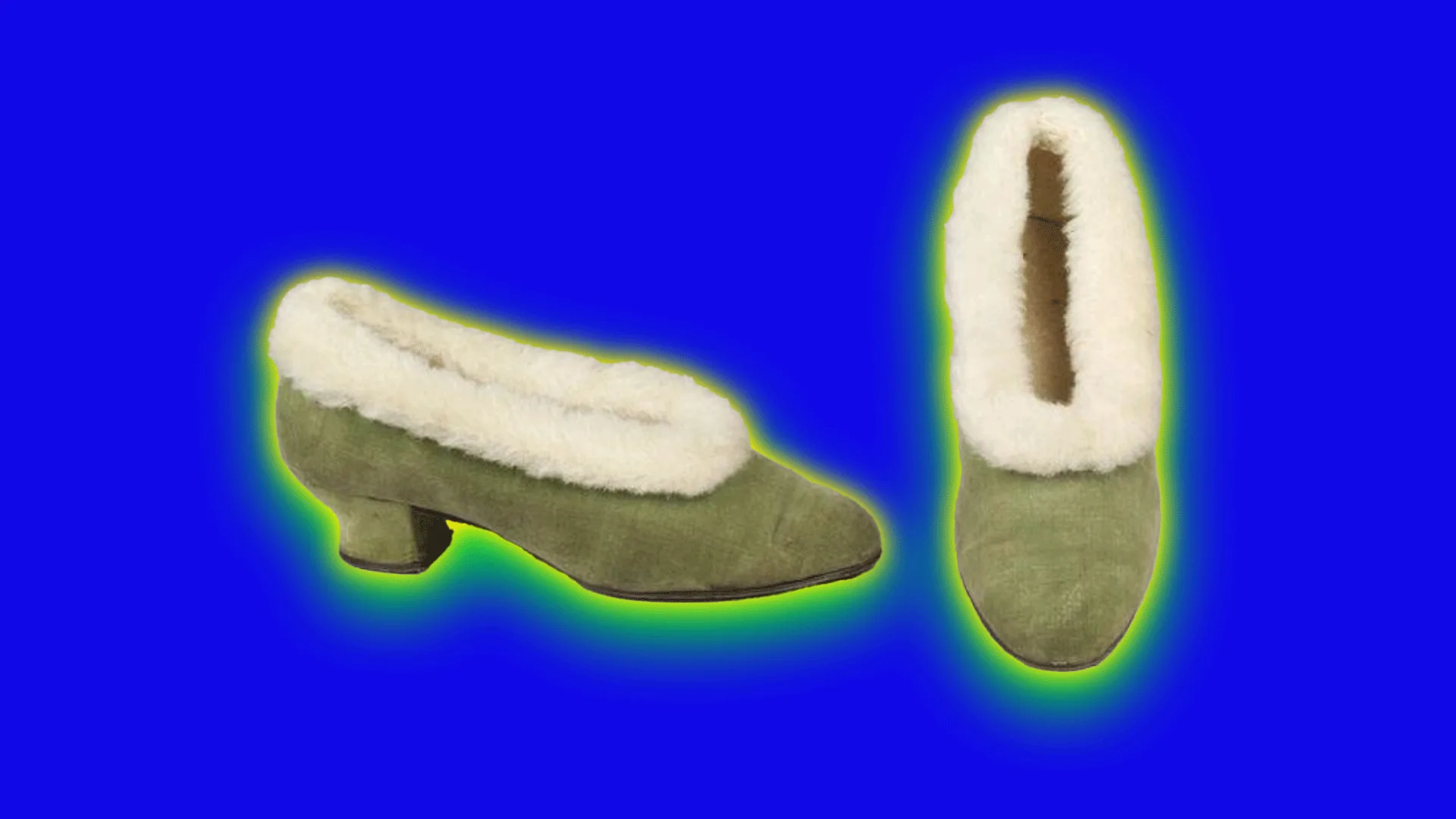 A photo of some 1930s shearling lined green heeled shoes set against a blue background with a green and yellow halo.