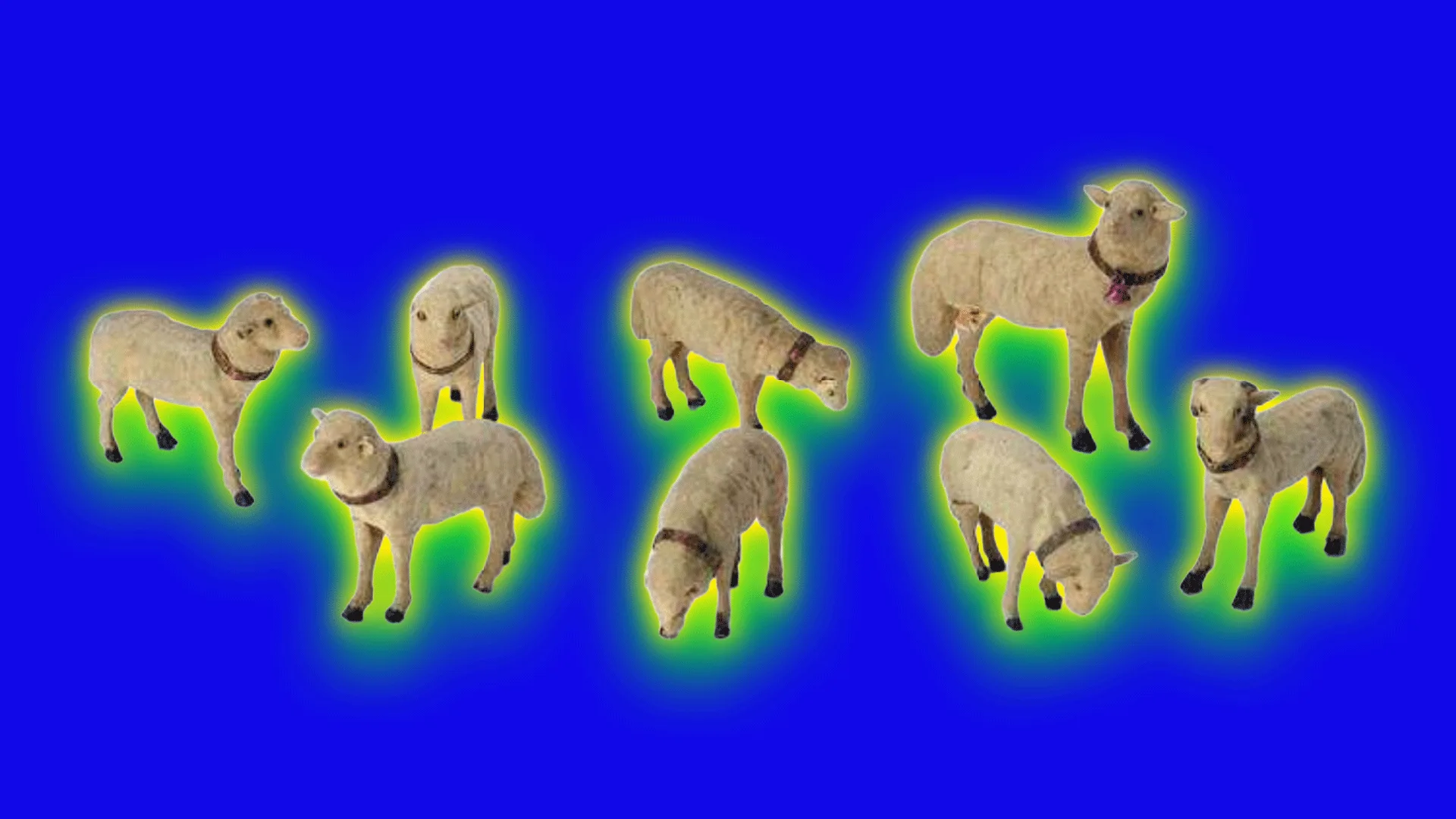 A flock of model sheep in various poses set against a blue background with green and yellow halos.