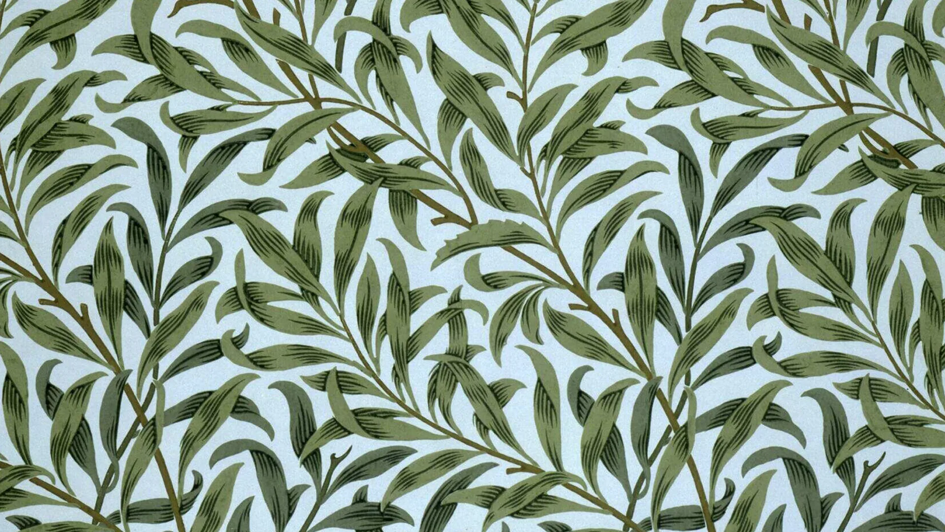 An image of wallpaper made by William Morris showing willow bough pattern in green and white.