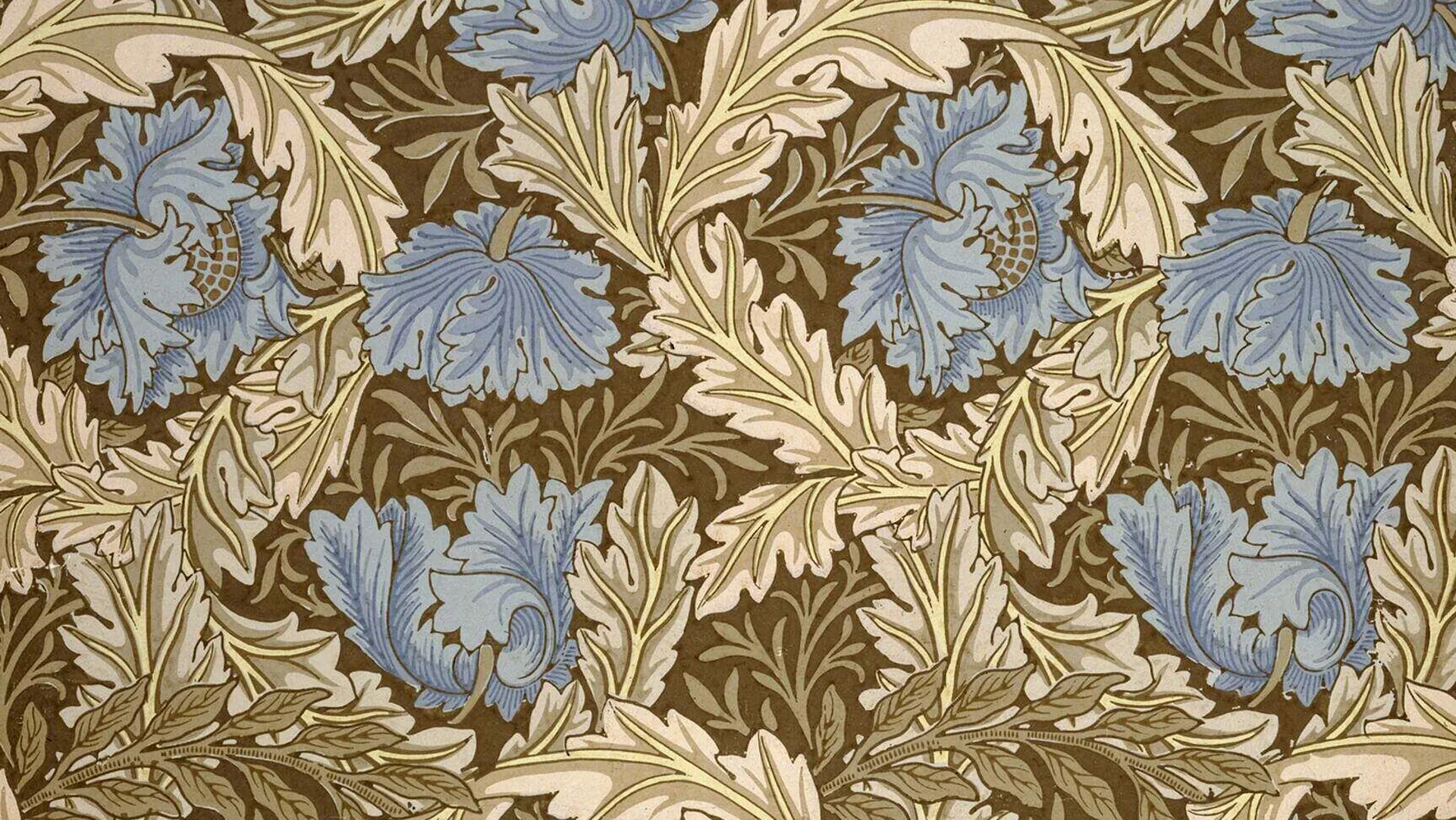 An image of a William Morris print called Wreath - a pattern wallpaper consisting of blue flowers and leaves in beige green and brown.