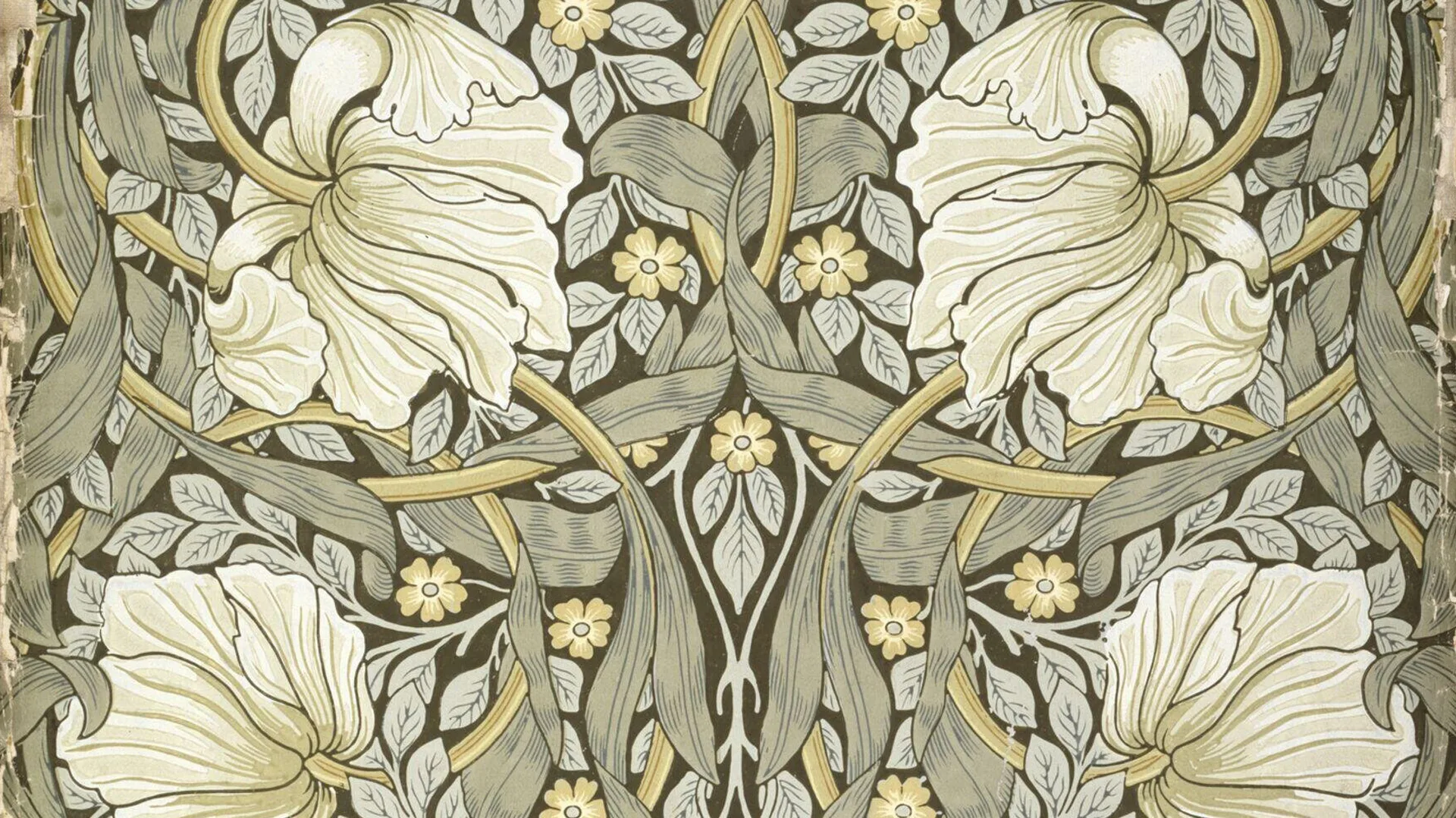 An image of William Morris pattern showing an almost symmetrical pattern of entwined foliage and pimpernel plants with small flowers in greens and ivories with touches of yellow and brown.