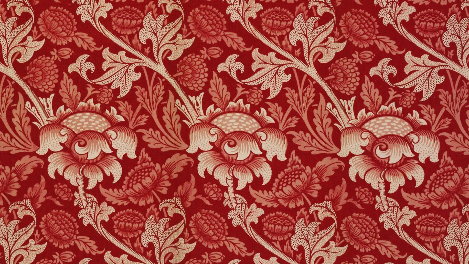 An image of a design by William Morris showing red and cream flowers and leaf patterns called "Wey".