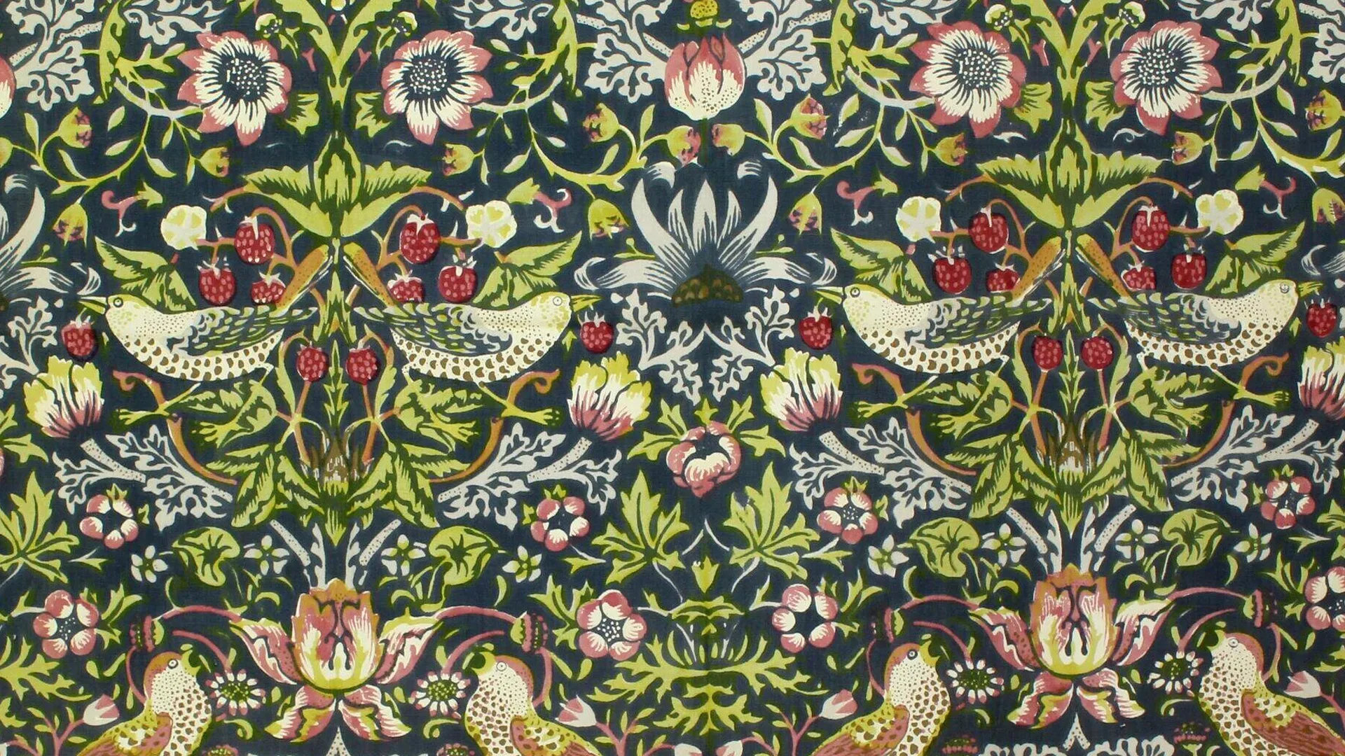 A William Morris pattern showing the Strawberry Thief with thistles, strawberries and thurshes in colours of greens, reds, dark blues and pinks.