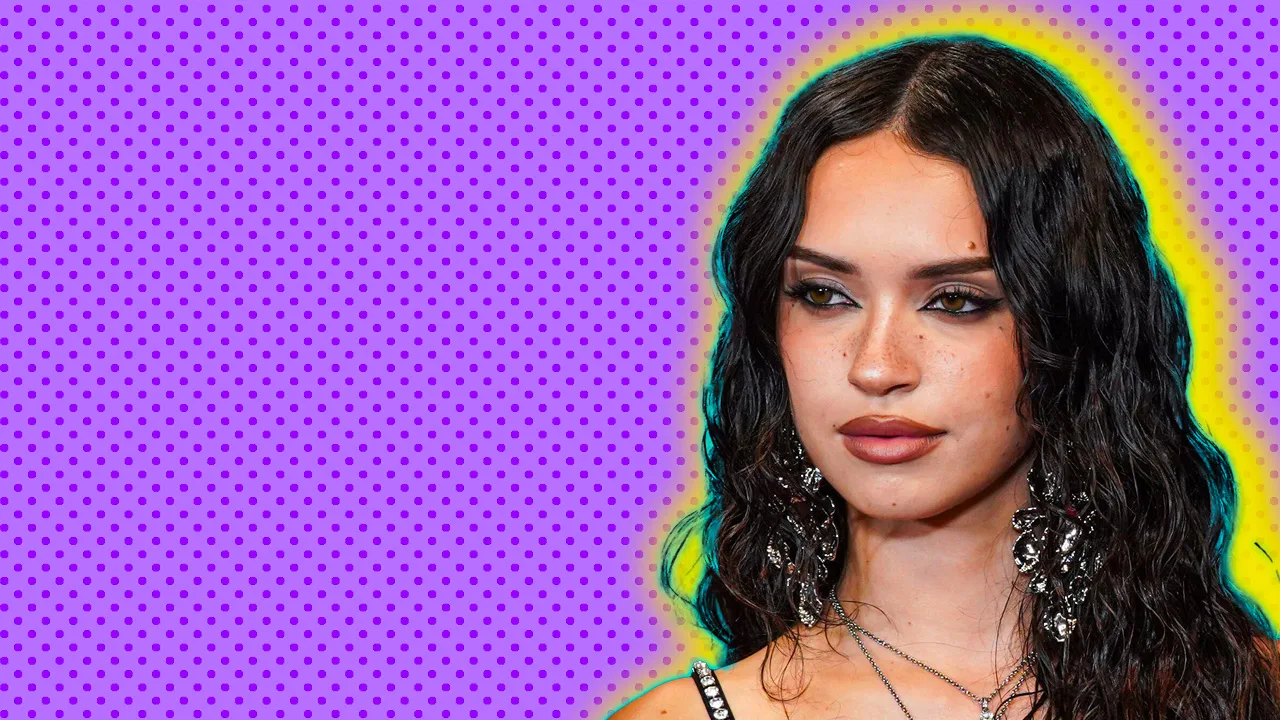 A photo of a member of KATSEYE looking to the side with long brown curly hair set against a purple dotted background with a yellow and green halo.