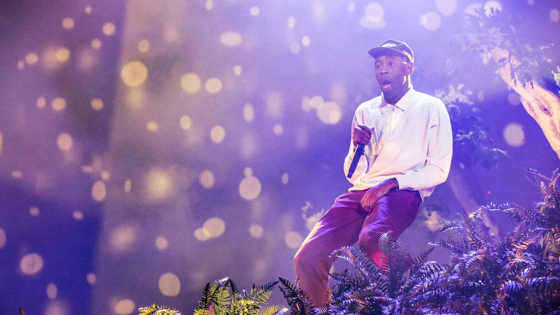 A photo of Tyler the Creator singing on stage with purple and gold lighting with foliage around him.