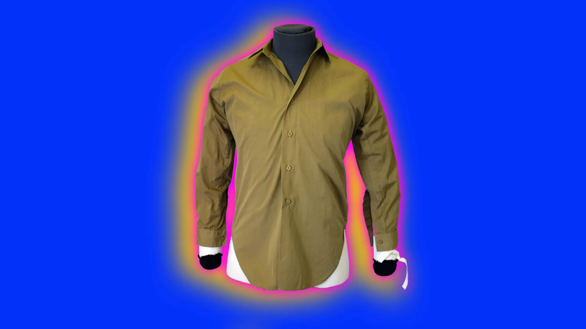 A khaki shirt on a mannequin with buttons down the front and white trimmed sleeves set against a royal blue background with an orange and pink halo.