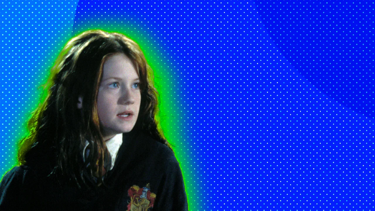 An image of Ginny from Harry Potter looking to the side, scared of something. She has a green halo and is set against a blue dotted background.