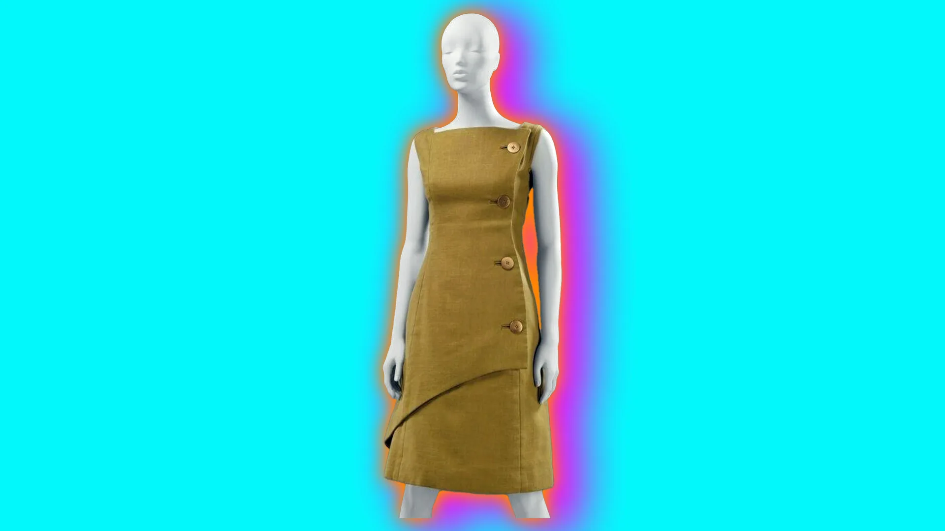 A photo of a Mary Quant dress in a khaki green on a white mannequin set against a blue background with a pink halo.