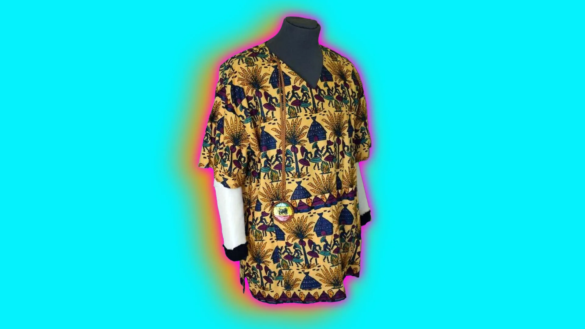 A brown and gold shirt with patterns of huts and trees and people set against a blue background with an orange halo.