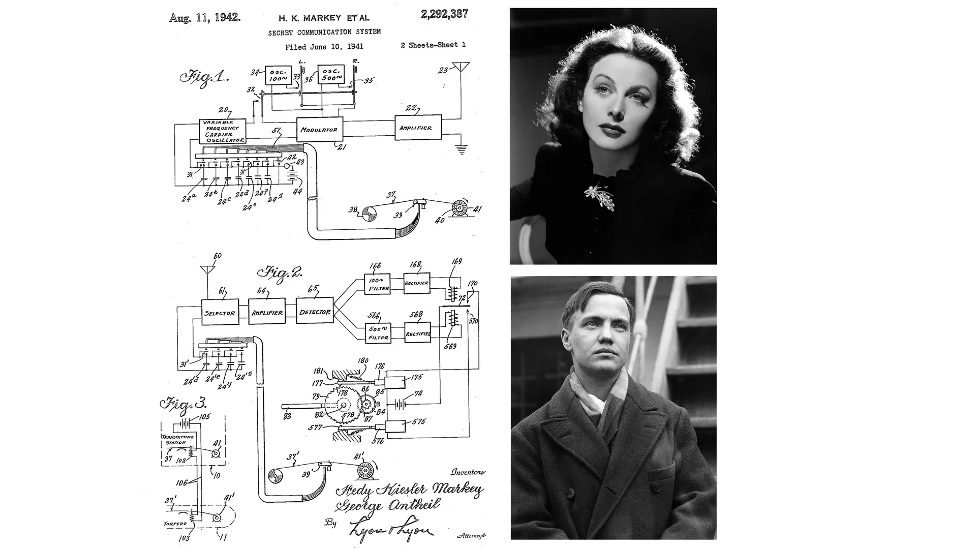 An image showing two photographs of the actress Hedy Lamarr and musician George Antheil next to a drawing of the frquency-hopping communications patent they collaborated on together to help wireless communication systems.
