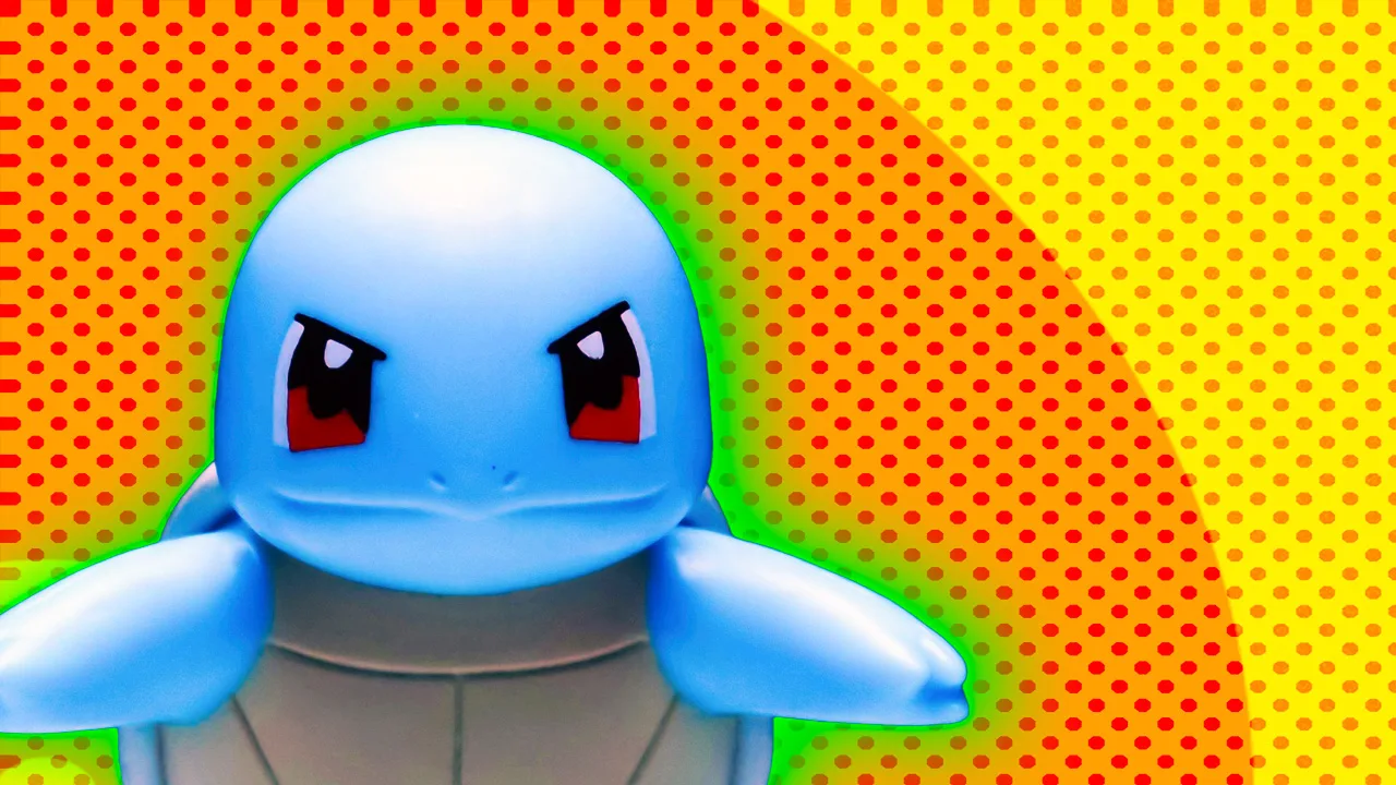 An image of Squirtle the Pokemon looking directly at the viewer with an angry expression and arms stretched out set against an orange dotted background with a green halo.