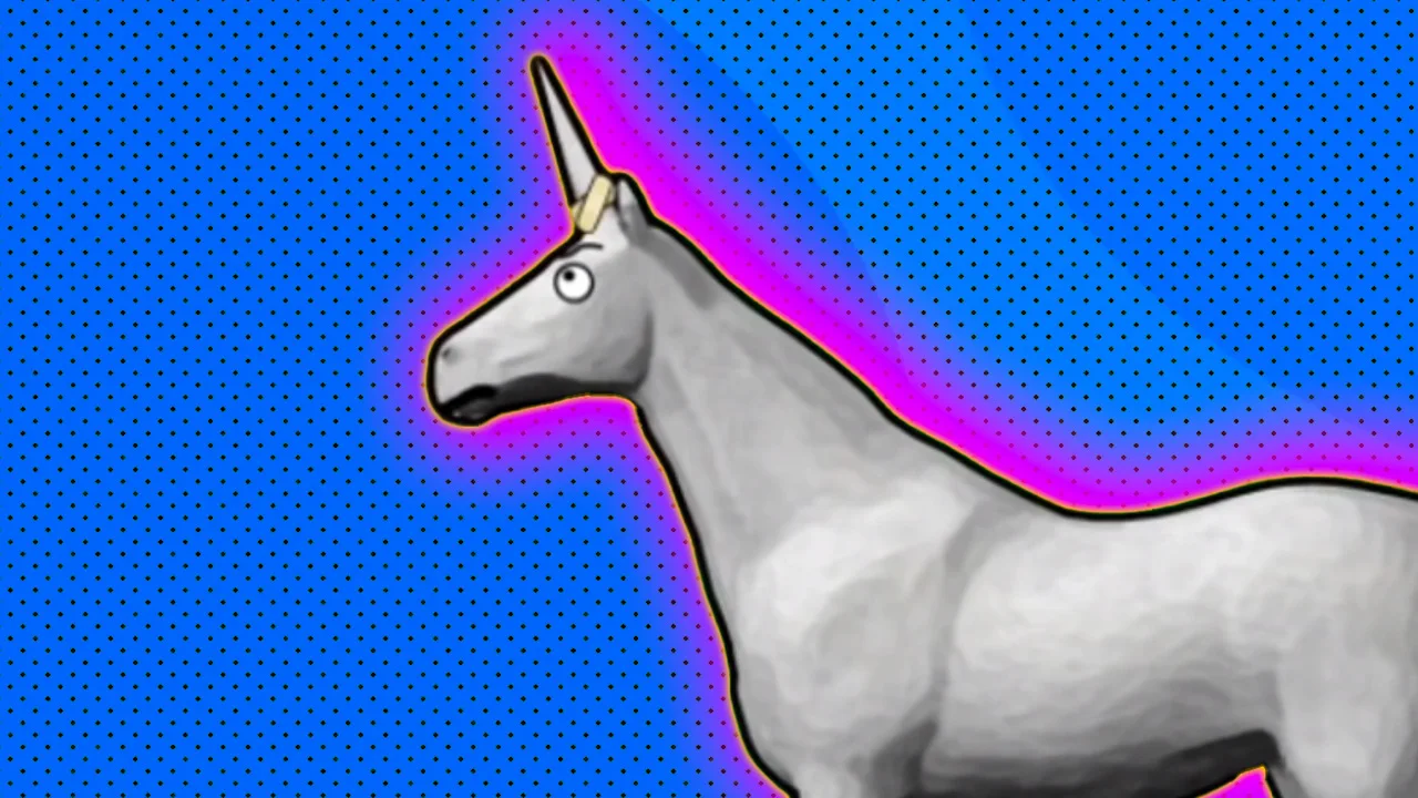 An image of Charlie the Unicorn stood on side profile against a blue dotted background with a pink halo.