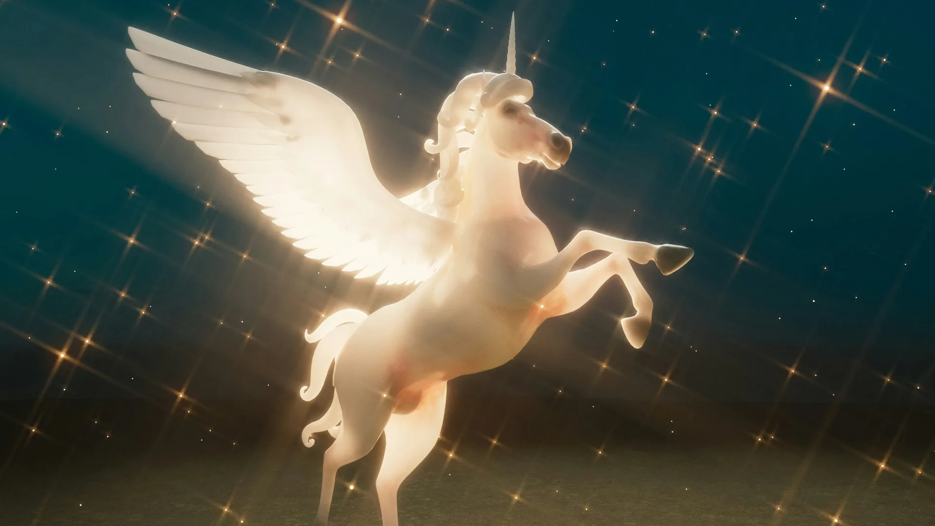 An image of a white unicorn on its hindlegs with light shining on it set against a dark blue sky with golden twinkling stars and a golden haze.