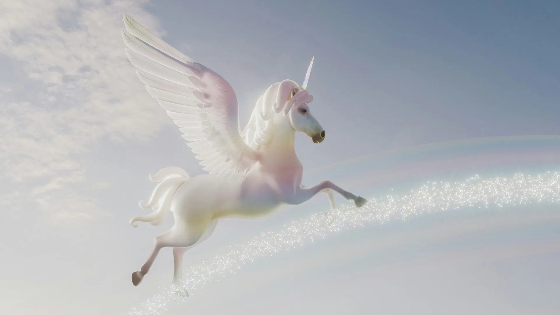An image of a unicorn flying through the clouds with a light streak of cloud just beneath it and a pastel rainbow glow across it's white body.