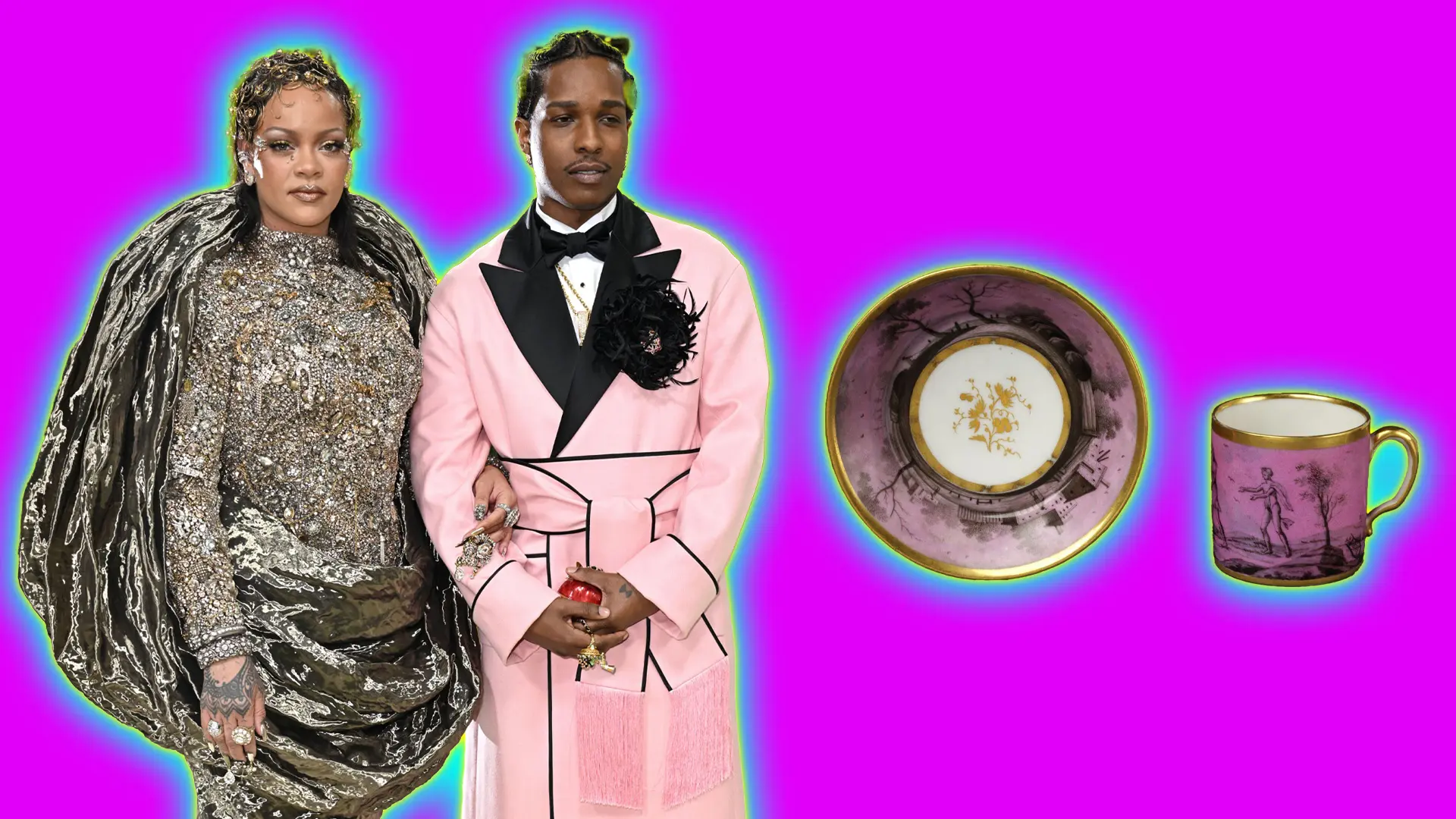 A photo of ASAP Rocky and Rihanna wearing a metal silver dress and a pink and black suit stood together arm in arm next to a pink and gold ornate china cup and saucer set against a pink background with a blue and yellow halo around them.
