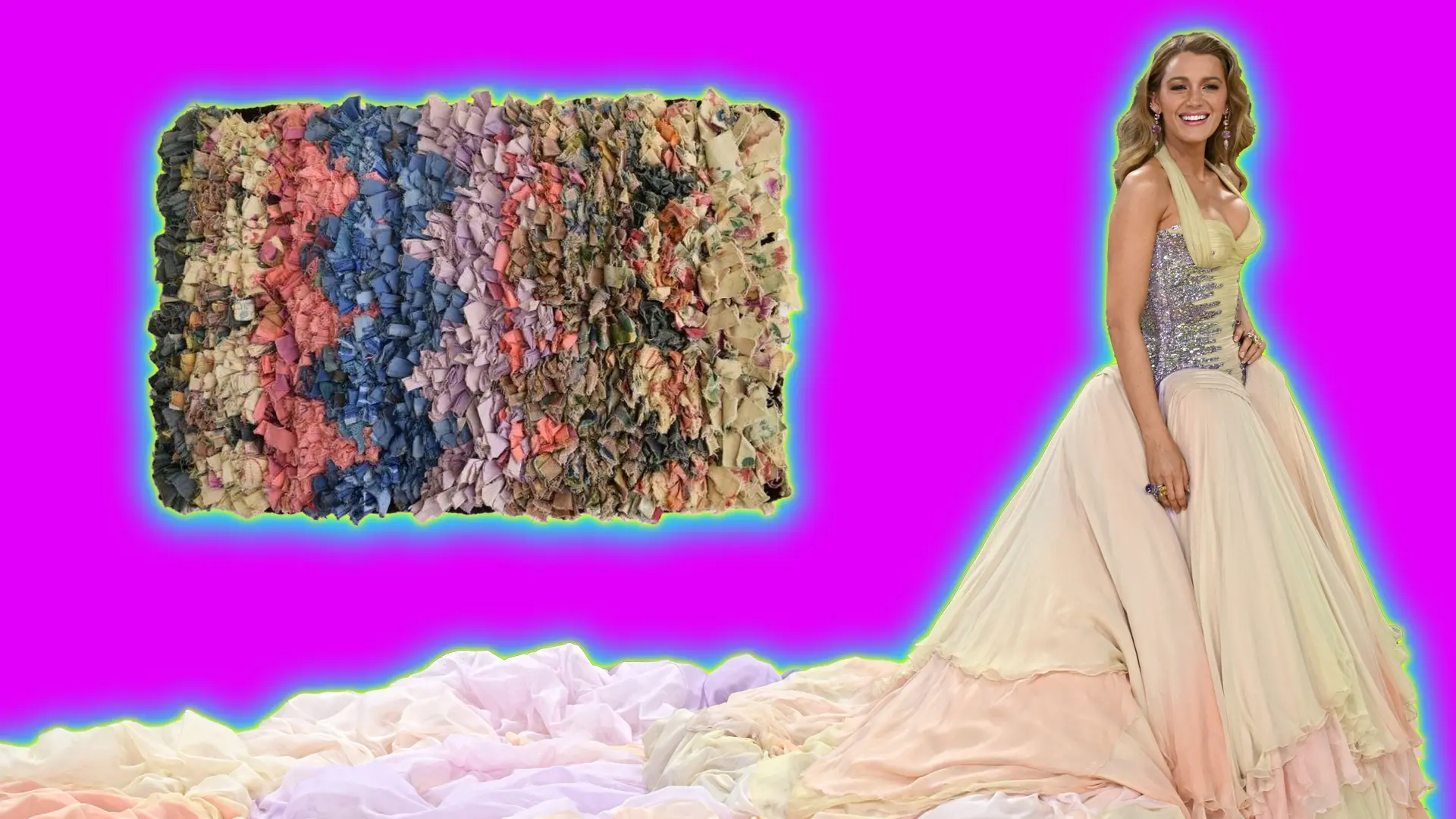 A photo of Blake Lively wearing a long ruffled pink pastel coloured dress with a rag rug pictured above her set against a pink background with a blue and yellow halo around them all.