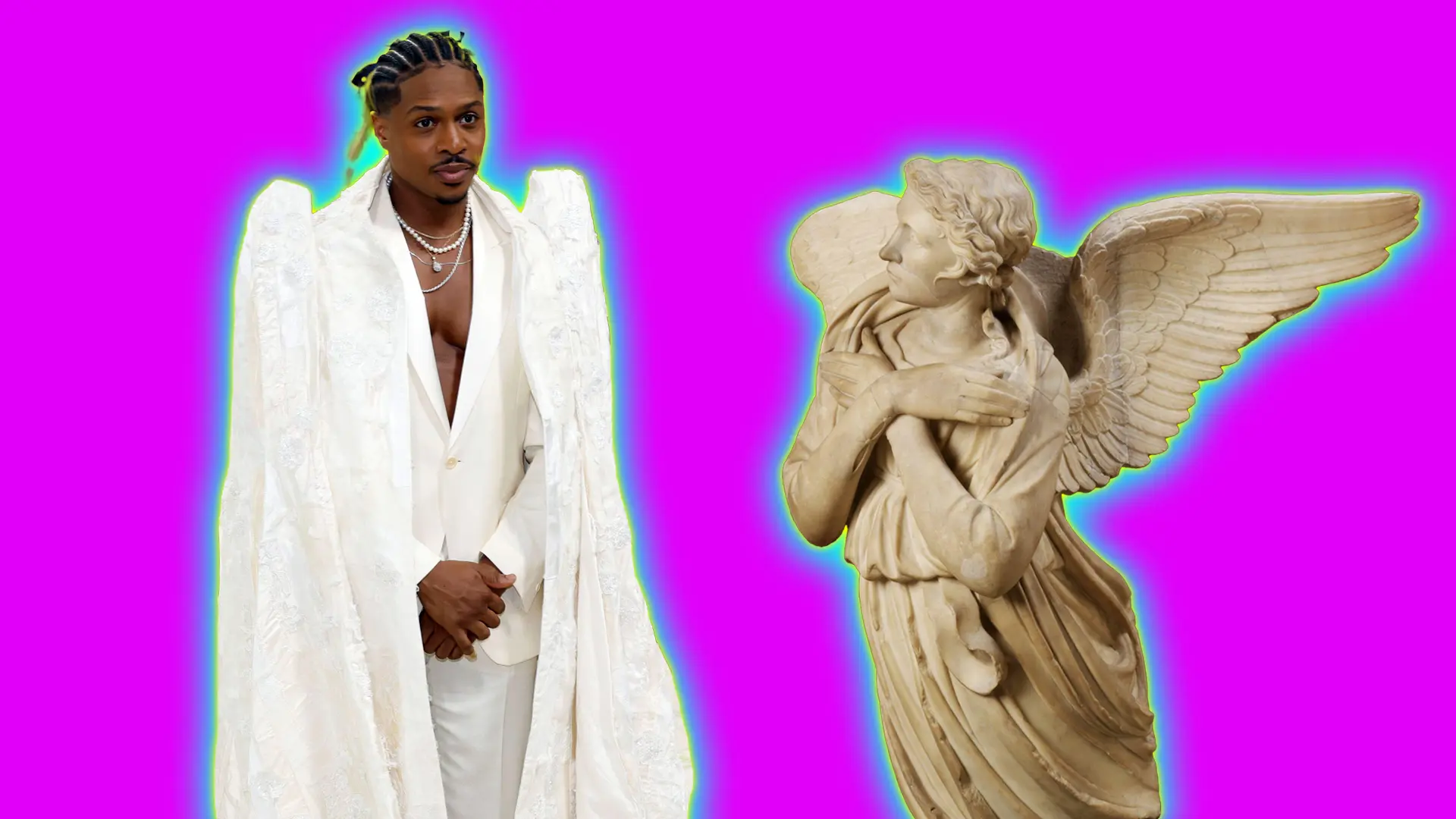 A photo of Ephraim Sykes wearing a white jacket and suit that has high shoulders next to a sculpture of an angel with it's arms crossed over it's chest set against a pink background with blue and yellow halo.