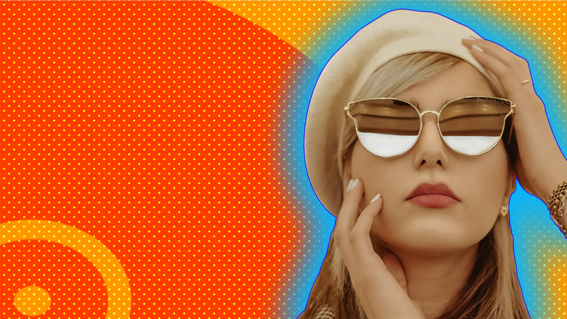 An image of a blonde woman wearing sunglasses holding her hands to her face against an orange and yellow background.