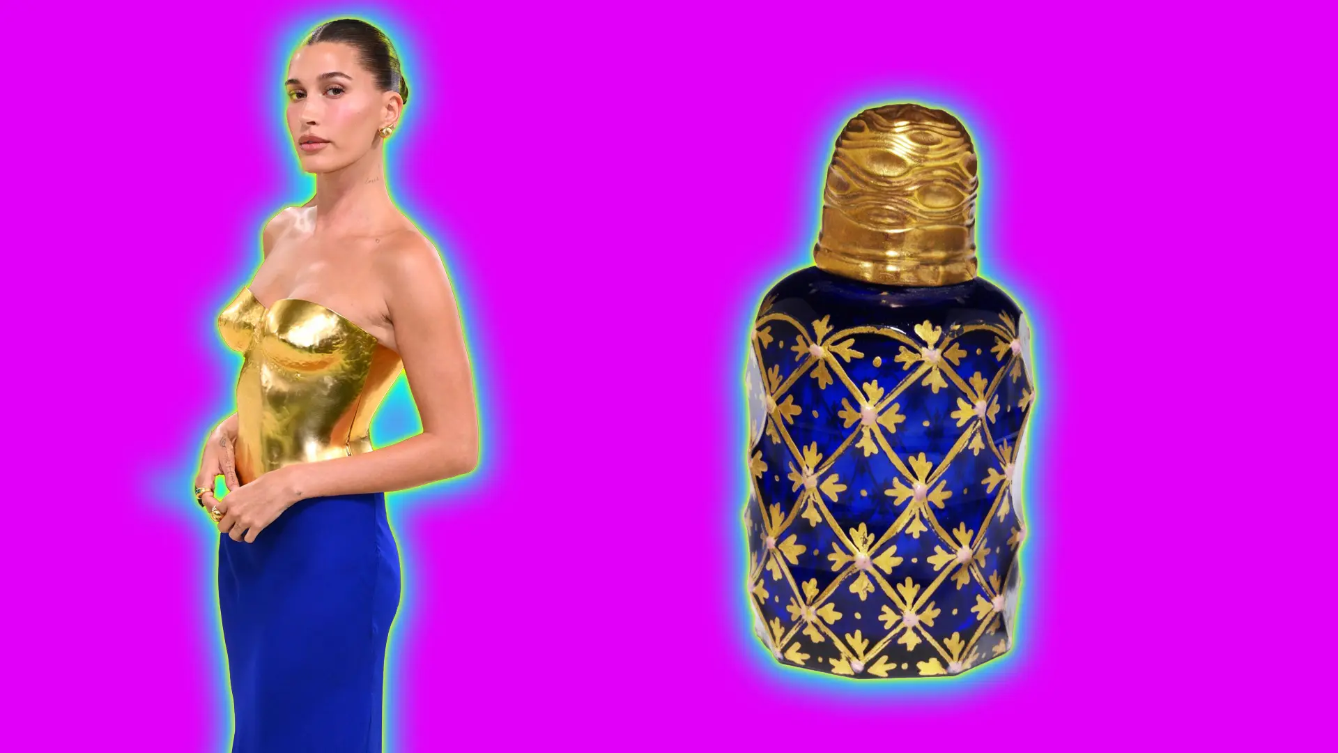 A photo of Hailey Bieber stood hand on hip to side in a gold bodice and royal blue skirt dress next to a 16th century blue and gold perfume bottle set against a pink background with a blue and yellow halo.