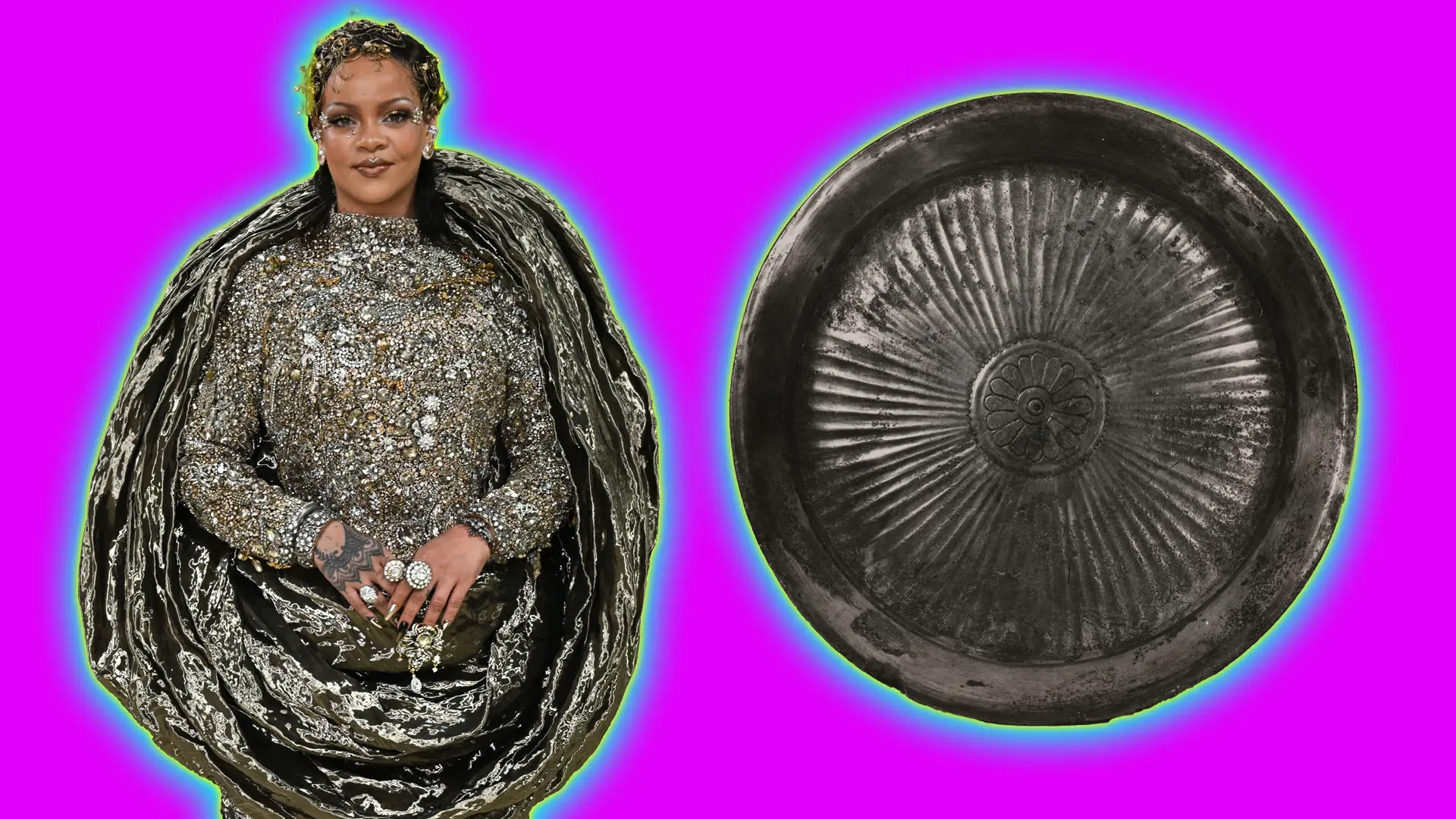A photo of Rihanna wearing a dark silver circular gown next to a metal bowl with carving inside set against a pink background with a blue and yellow halo around each of them.