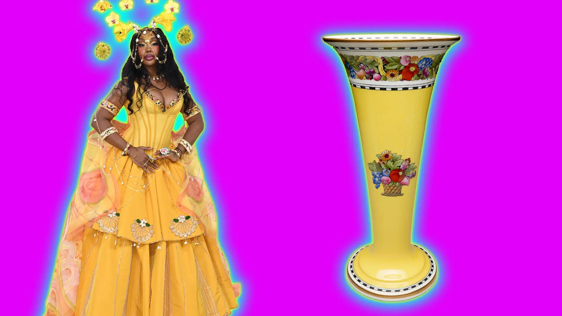 A photo of SZA wearing a bright yellow gown with floral headdress next to a yellow floral vase set against a pink background with a blue and yellow halo.