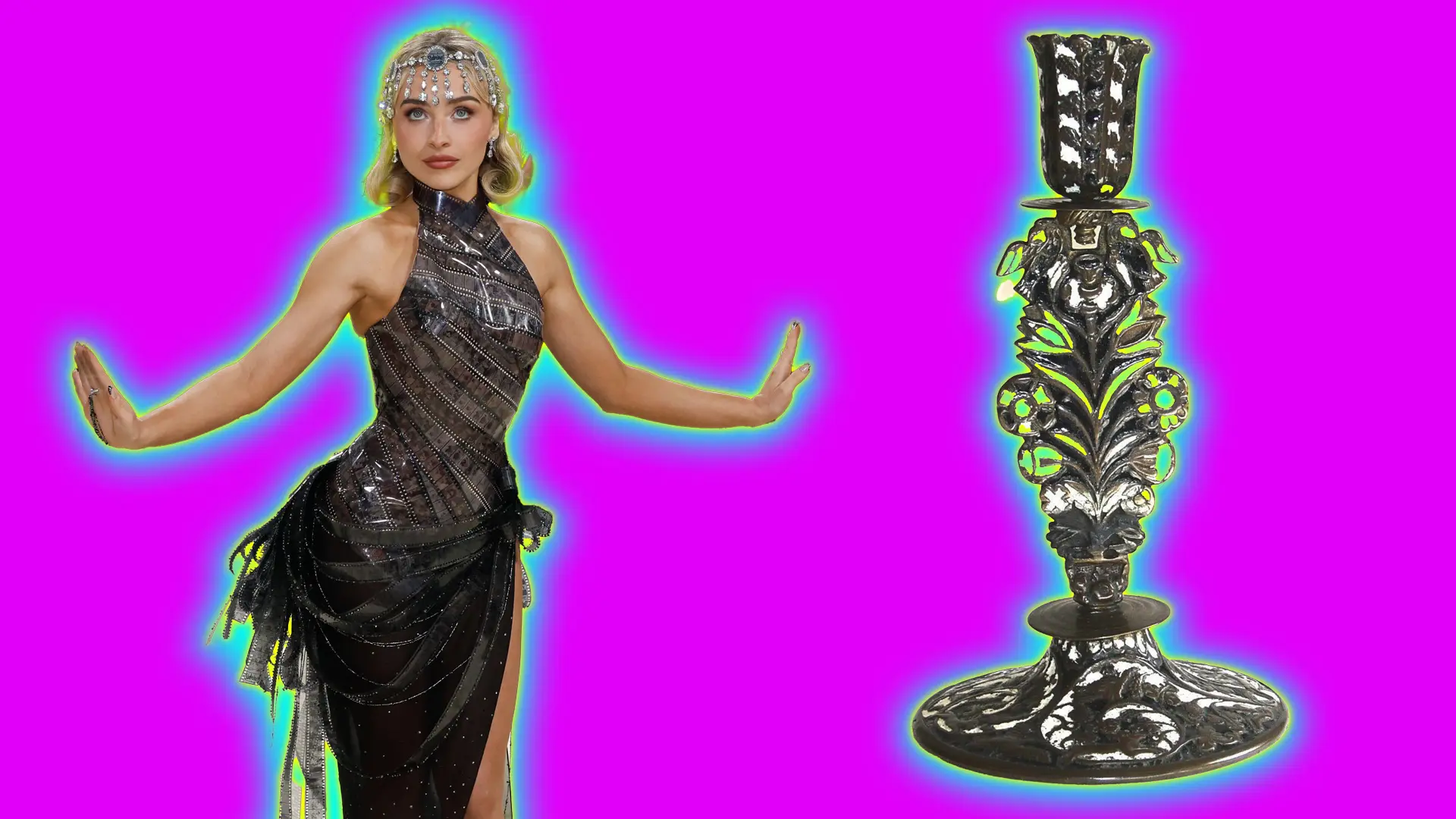 A picture of Sabrina Carpenter with her hands splayed out wearing a high necked black and silver dress next to a 15th century black ornate candlestick set against a pink background with a blue and yellow halo.