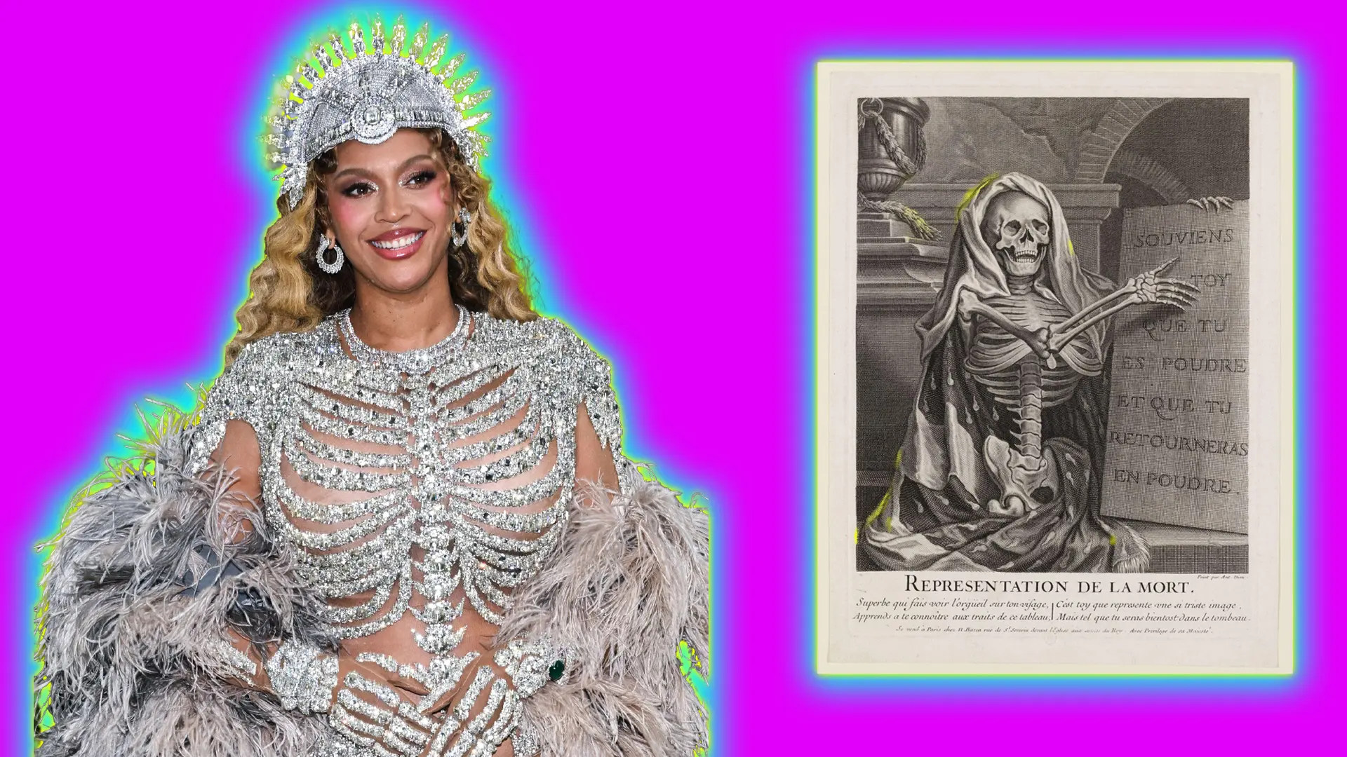 A photo of Beyonce at the Met Gala 2026 wearing a diamante skeleton outfit with pointed headdress next to a print of a skeleton illustration set against a pink background with a blue and yellow halo around each of them.