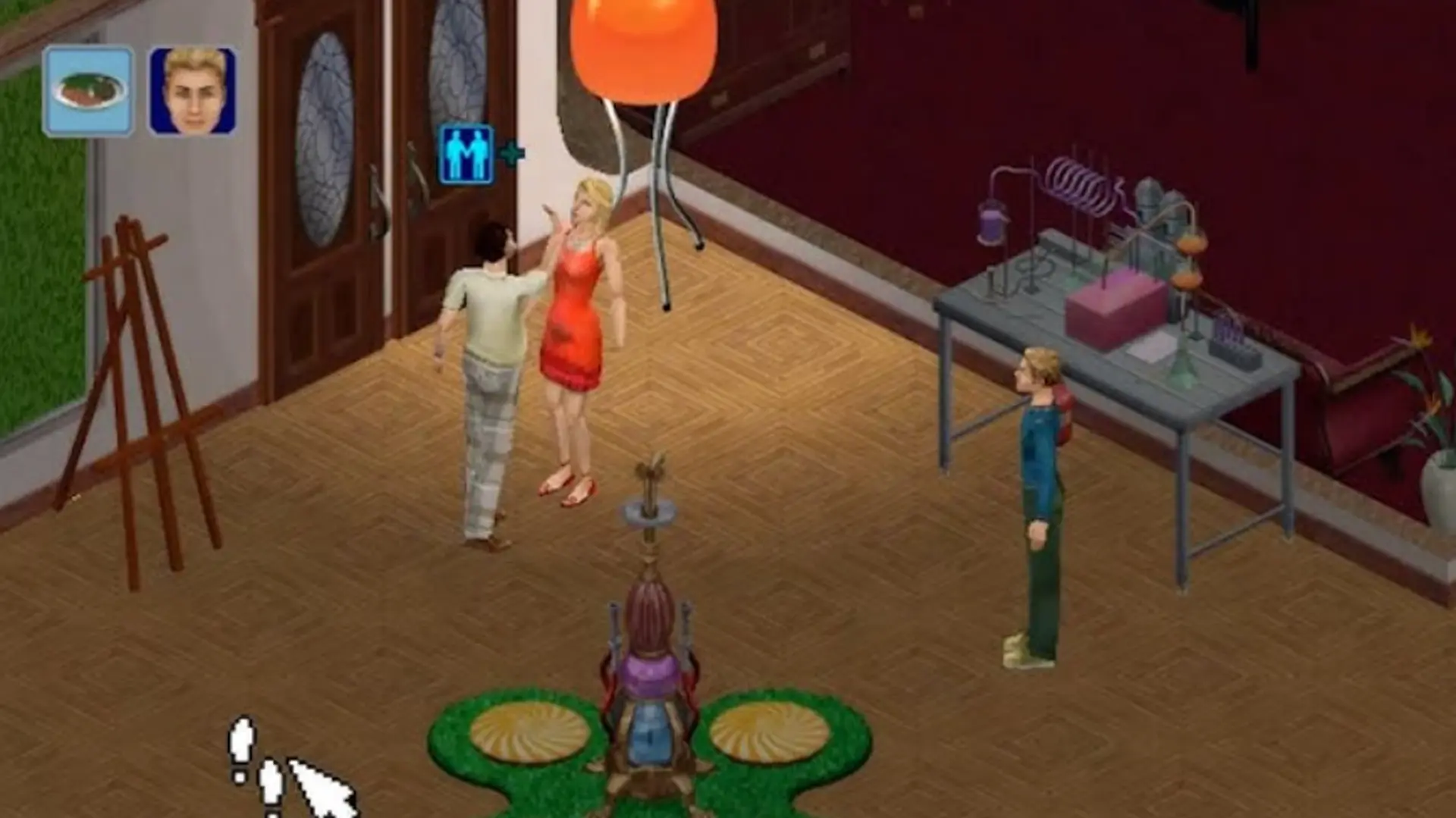 A still from Sims 1 showing a party scene in a lounge with two Sims talking and another watching from across the room. There is green and yellow seating in the middle and a big orange lamp in the corner.