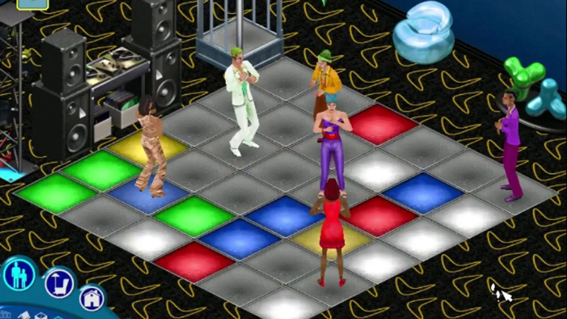 A still from Sims 1 showing Sims on a lit up, multicoloured dancefloor with a cage and seating around them.