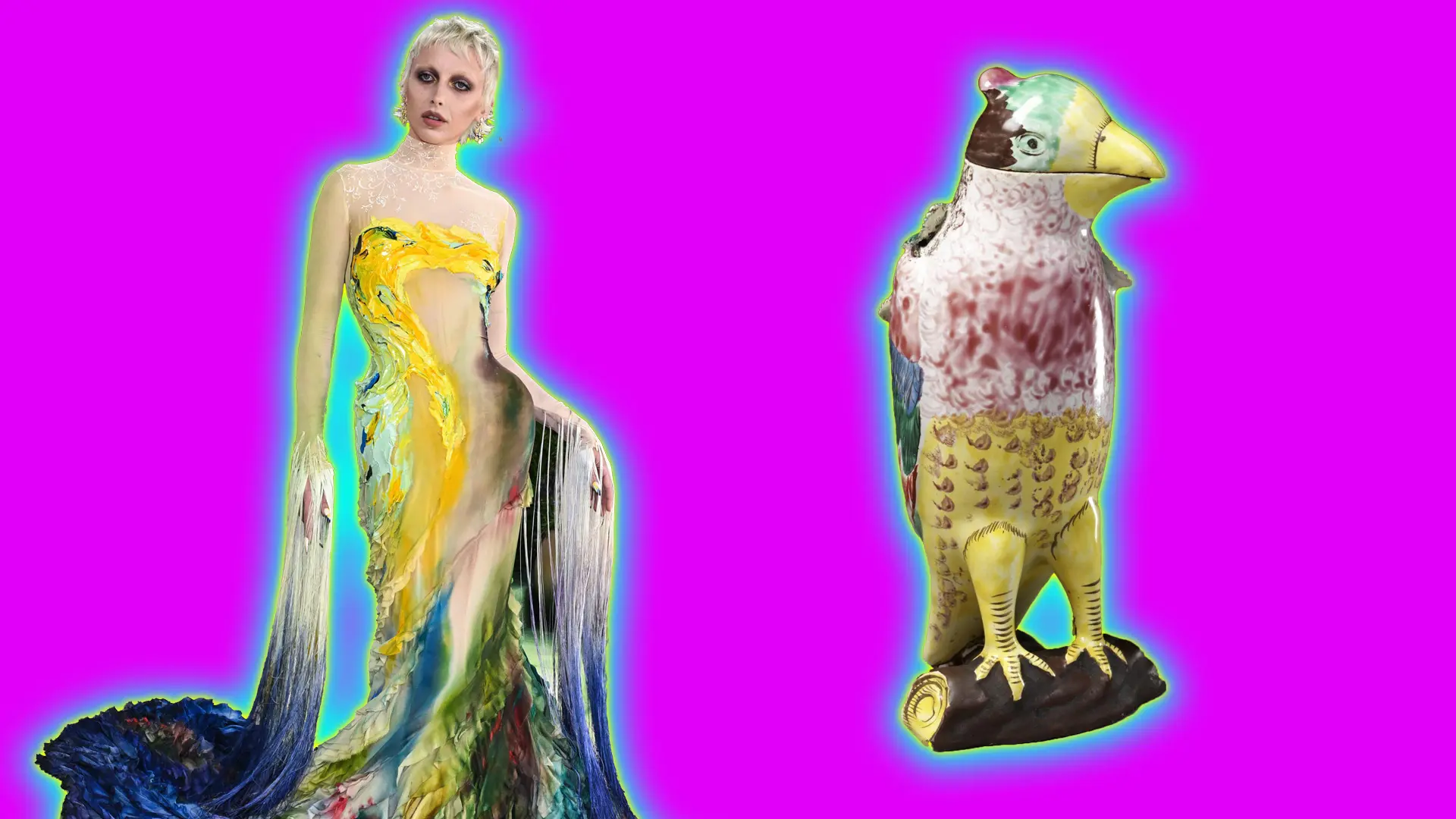 A photo of Emma Chamberlain wearing a brightly coloured silk dress by Mugler next to a 16th century ceramic bird jug in yellows, pinks and browns perched on a log - they both have blue and yellow halos set against a bright pink background.