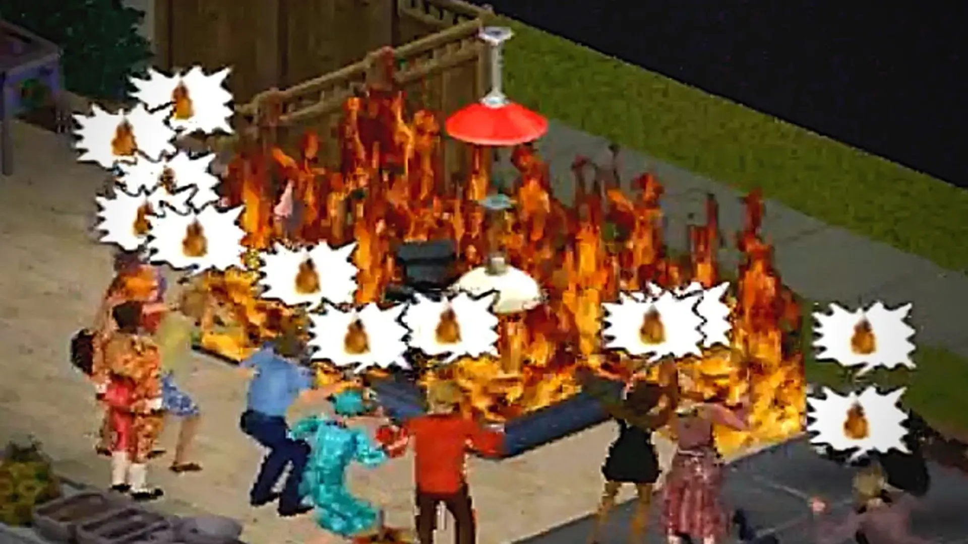 A still from The Sims showing Sims around a giant fire with speech bubbles above them with fire symbols.