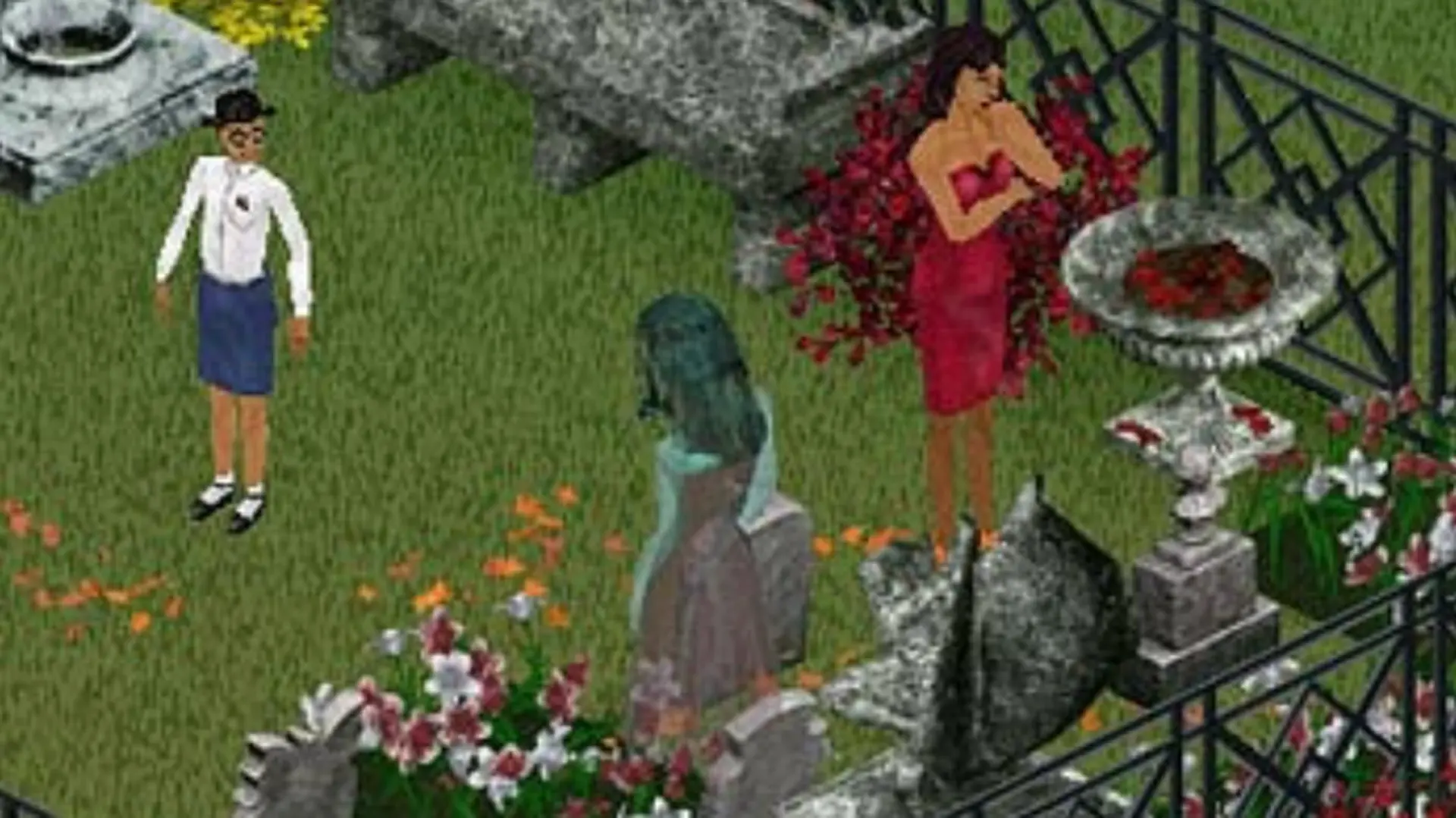 A still from The Sims 1 showing a garden with three people stood in it, one of which is a ghost with blue skin and hair. The other two people are wearing a white shirt and shorts and a red dress. There are fountains and flowers and green grass around them.