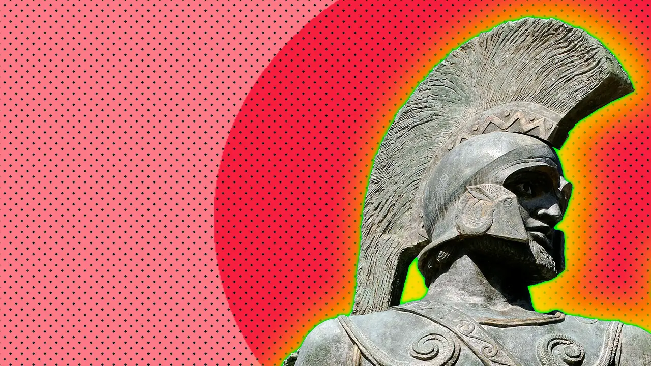 A photo of a statue of the Greek God Ares wearing his helmet and armour set against a pink and red dotted background with a green and yellow halo around him.
