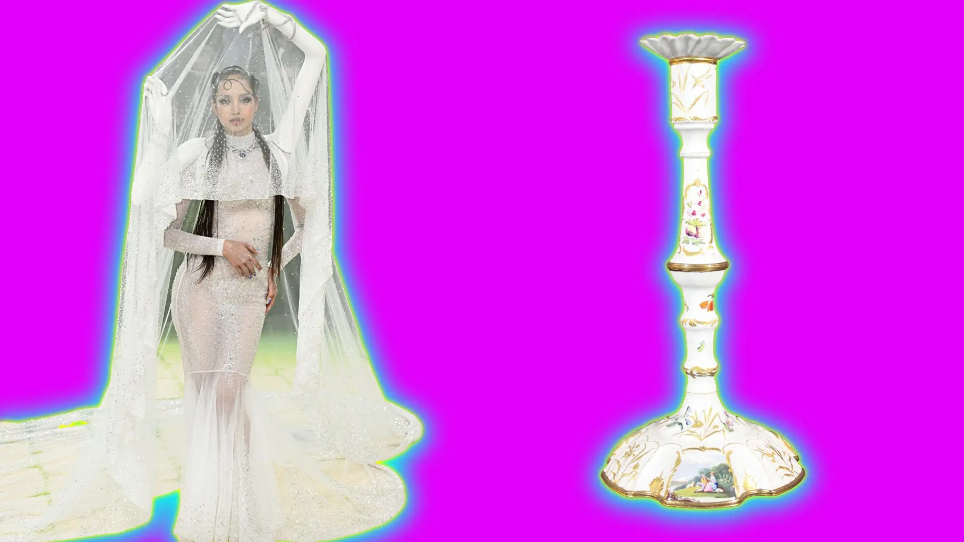 A photo of Lisa wearing a white dress with additional robot arms on her shoulders holding up a white veil falling to the floor. She is stood next to a white 16th century candlestick set against a pink background with a blue and yellow halo.