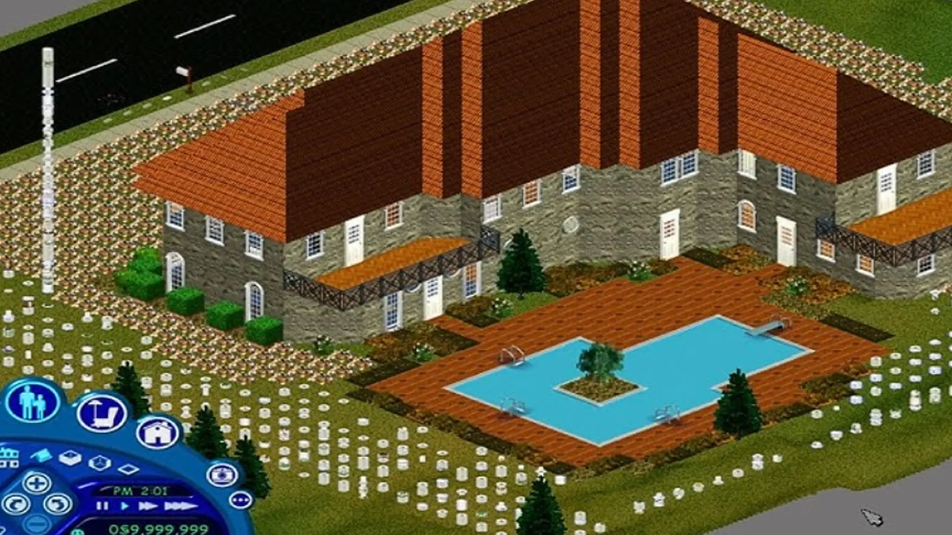 A still from Sims 1 showing a pool, mansion and manicured gardens in various shades of terracotta, blue, beige and green.
