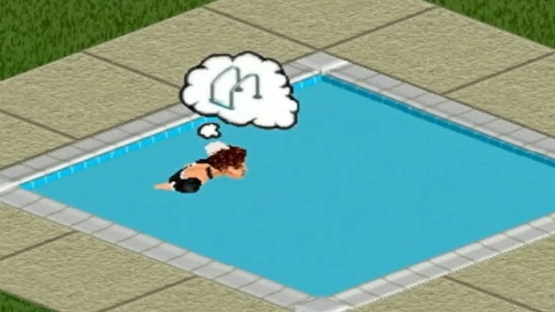 A still from Sims 1 showing a Sim swimming in the pool with a thought bubble of the pool stairs as they have been removed. There is a grey patio surrounding the square pool.